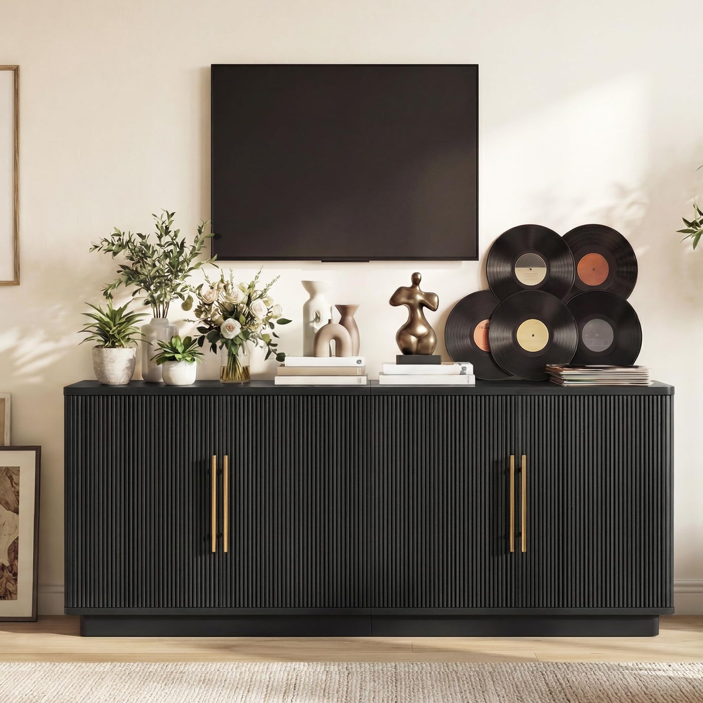 YITAHOME TV Stand for TVs up to 80 Inches, Media Console with 4 Fluted Doors, 70" Entertainment Center with Ample Storage for Living Room(Black Oak)