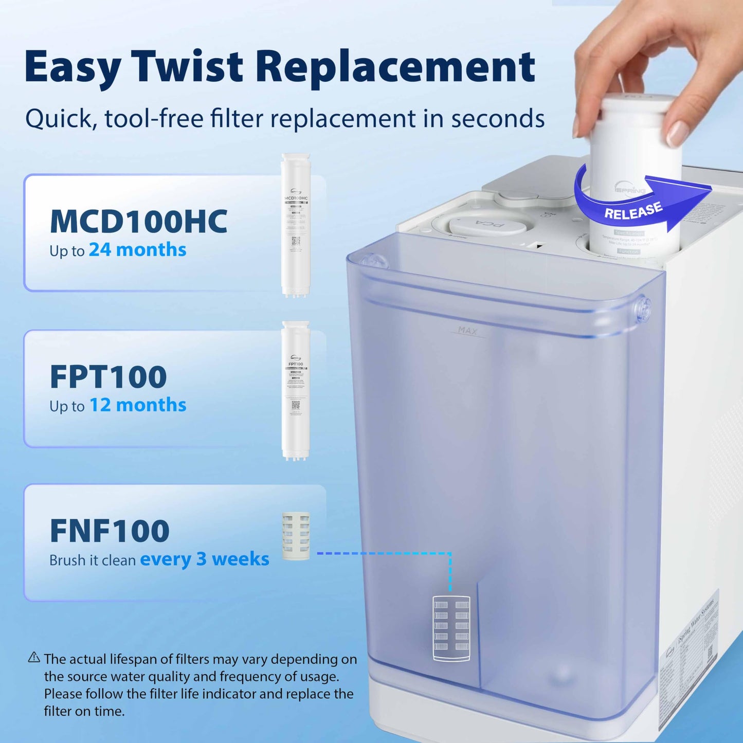 iSpring RCD100-THCW Hot & Cold Countertop Reverse Osmosis System, White, RO Water Filter Dispenser, 9 Temperature Options from 50–210°F & 6 Dispensing Volumes, TDS & Filter Life Monitor
