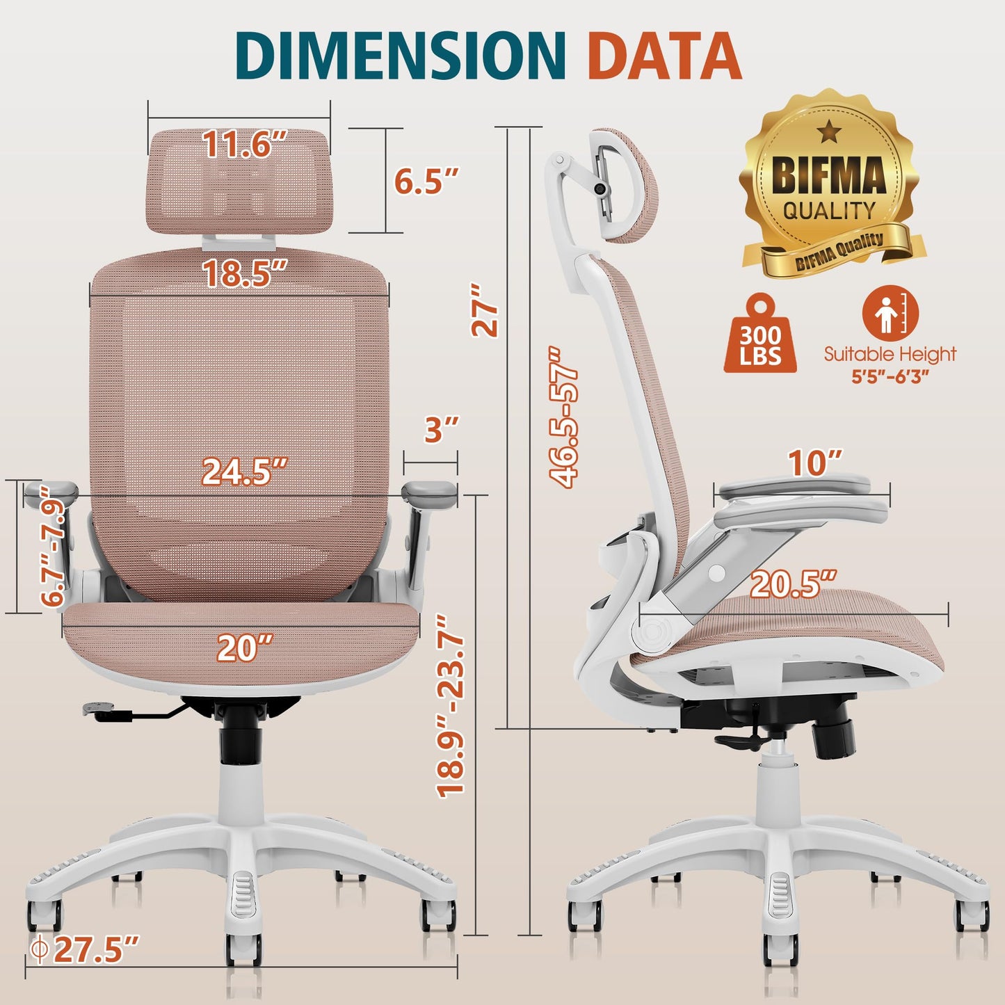 GABRYLLY Ergonomic Office Chair, High Back Home Desk Chair with Headrest, Flip-Up Arms, 90-120° Tilt Lock and Wide Cushion, 300LBS Mesh Chairs for Man Woman, White Task Chair(Pink,GY01WPK)