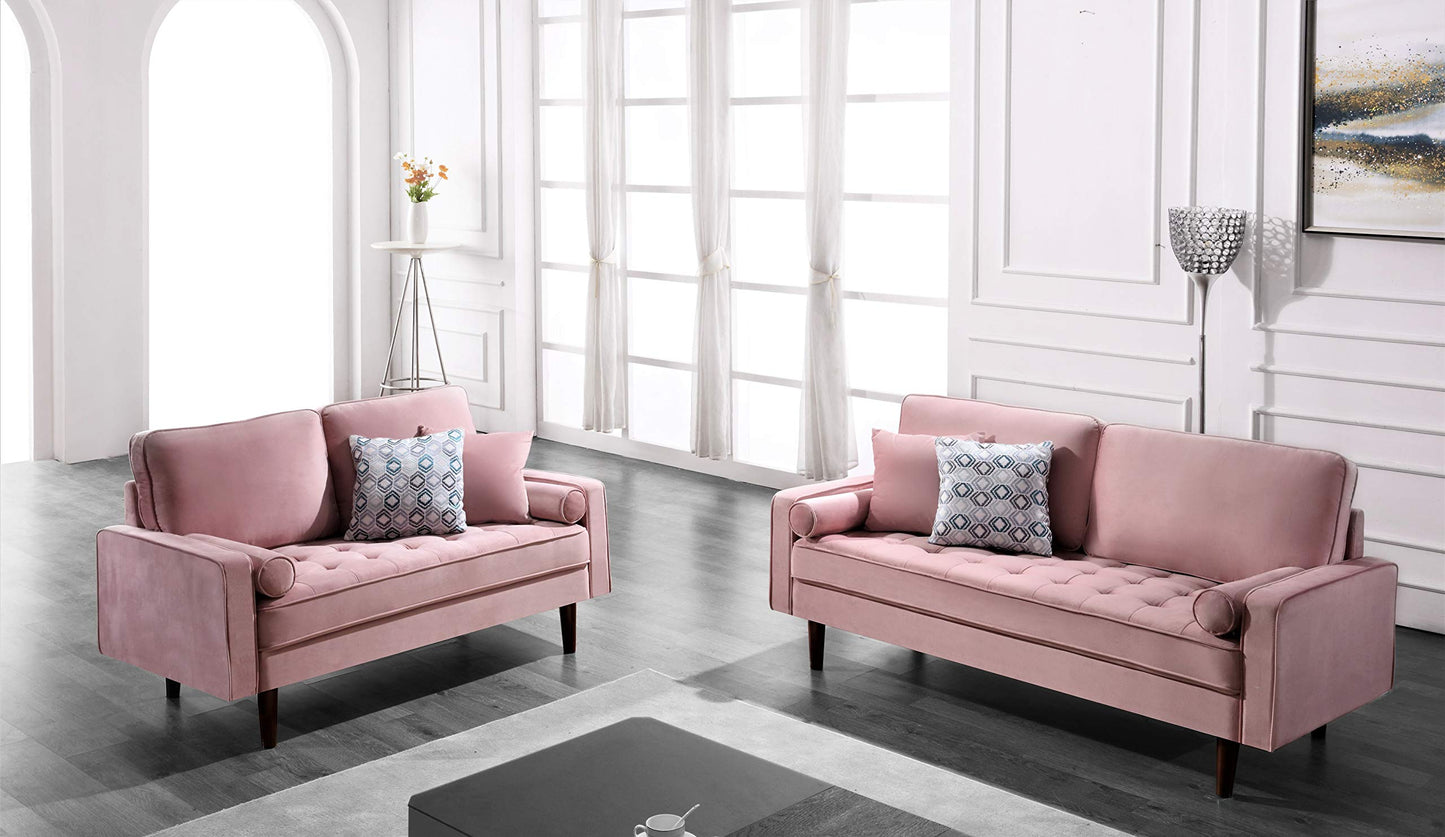 Container Furniture Direct Womble 58 Inch Velvet Loveseat Sofa with Elegant Button Tufted Upholstery, Square Arms, Splayed Wood Legs, Includes Matching Bolster Pillows, Elegant Rose