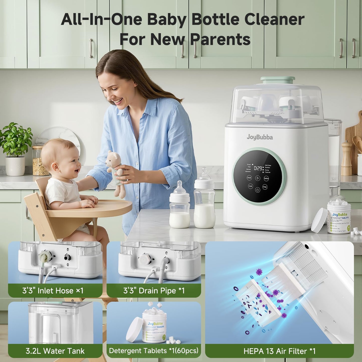 JoyBubba Bottle Washer, Sterilizer & Dryer โ 4-in-One Cleaner for Baby Bottles, Pump Parts & Baby Essentials with 3 High-Temp Sterilization Modes, Includes 60 Cleaning Tablets โ Saves Time & Effort.