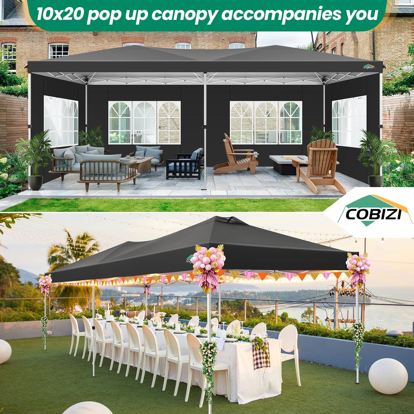 COBIZI Canopy 10x20 Pop Up Canopy Tent with 6 Sidewalls, One Push Party Tents for Parties Outdoor Wedding Waterproof Gazebo Commercial Event Tent with Sandbags, Black