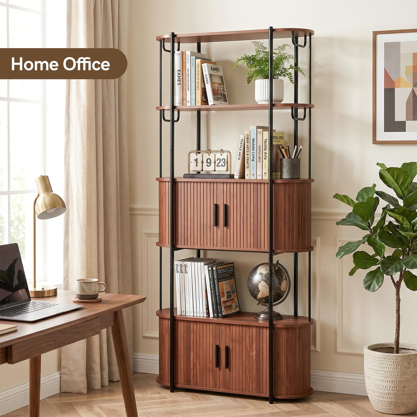 Afuly 72" Tall Bookshelf with Doors Mid Century Modern Walnut Book Shelf with Cabinet, 5 Shelf Bookcase for Display and Storage, Curved Bookshelves with Tambour Doors for Living Room Bedroom Office