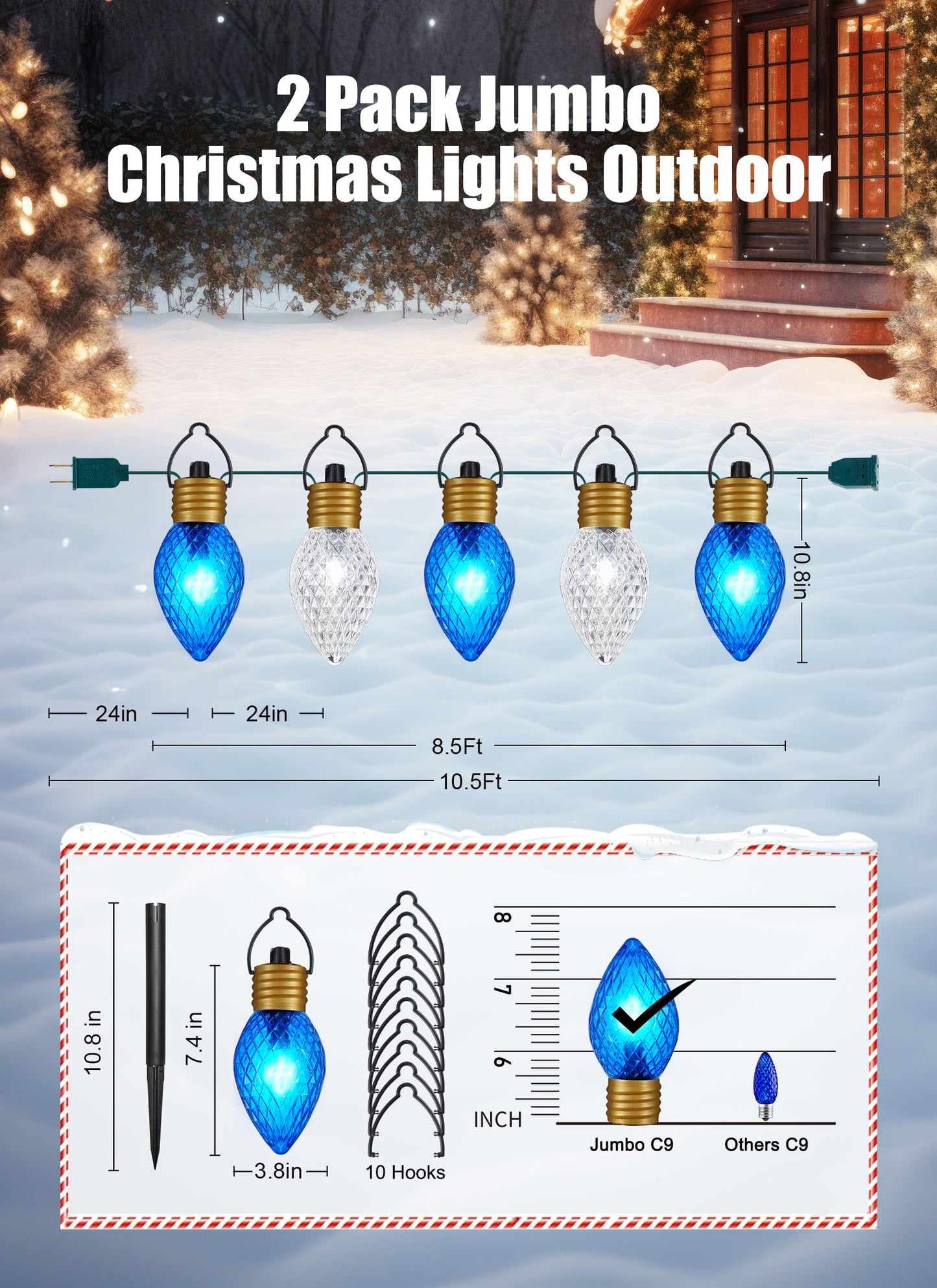 Minetom Christmas Jumbo Lights - 2 Pack C7 Pathway Lights 10.5 Feet, Blue & Cool White