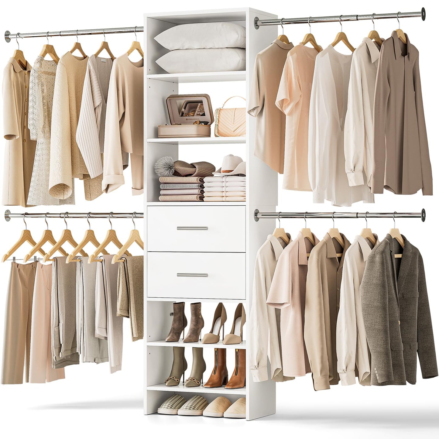 W2 Closet System with 2 Drawers, 3.5FT-7.7FT Closet Organizer System with 4 Chrome-Plated Telescopic Rods & 5 Adjustable Shelves, Custom Wood Walk-In Closet Clothing Rack, White
