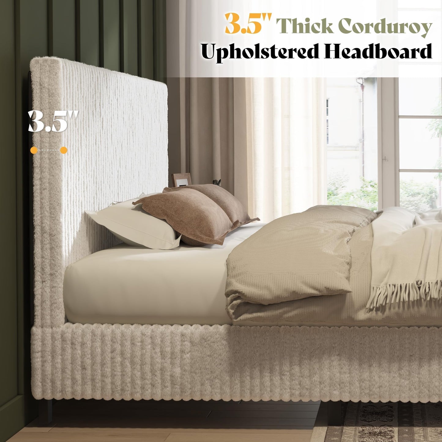 AMERLIFE King Bed Frame, Upholstered Metal Platform Bed with Vertical Channel Tufted Headboard, Soft Fabric & Strong Metal Slats, No Noise/Easy Assembly, White King Upholstered Bed and Headboard
