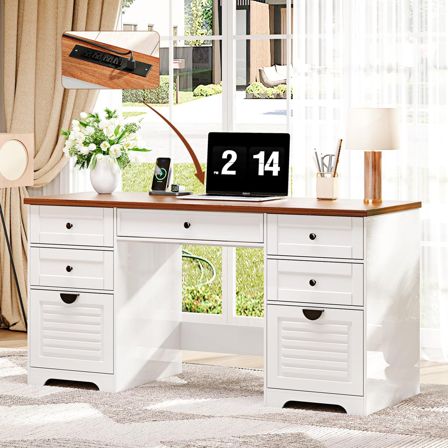 Ieejdn 59" Home Office Desks, Executive Desk, Farmhouse Computer Desk with 7 Drawers and Charging Station, File Drawer, Rustic Computer Writing Desk,Antique Cream