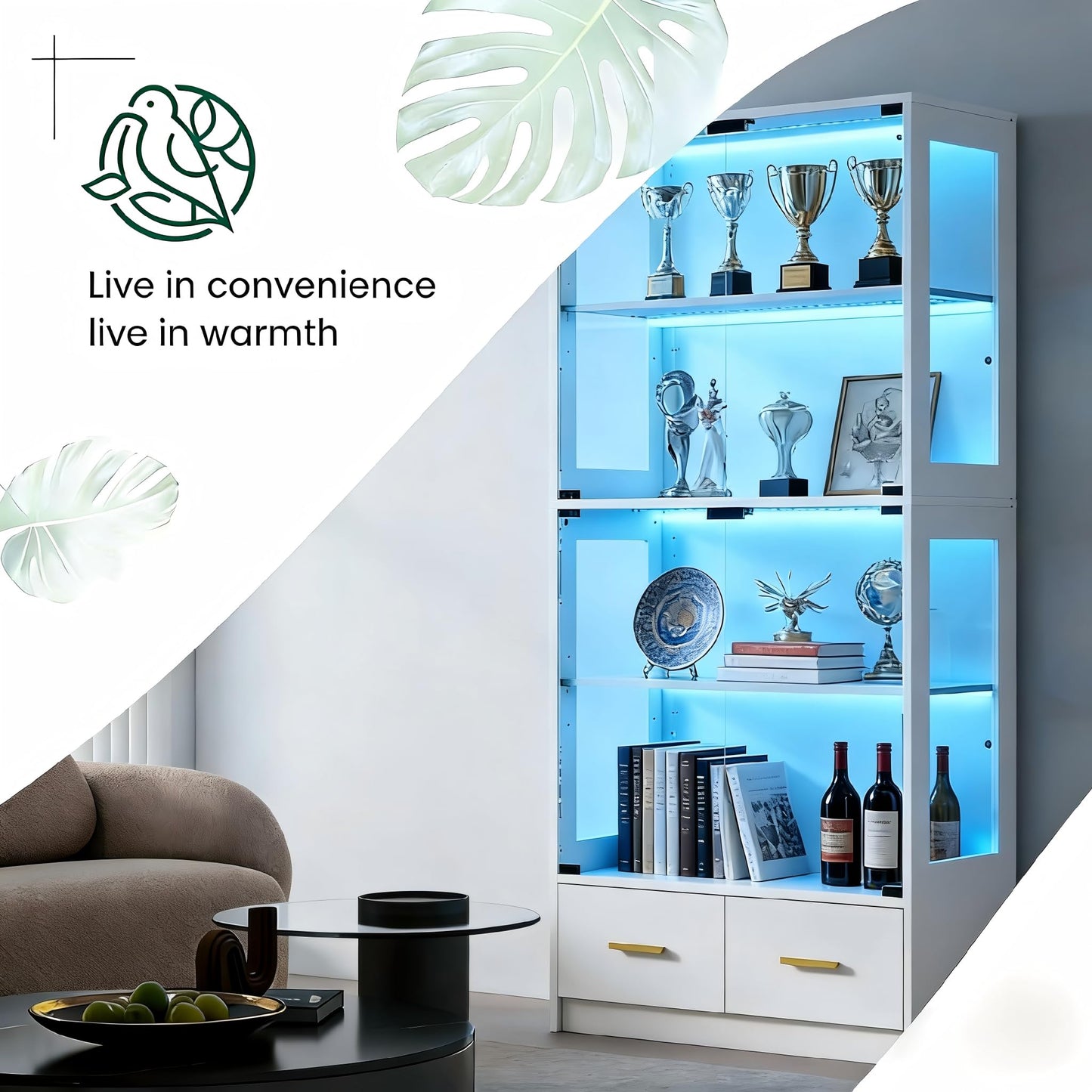 Lamtor Display Cabinet with Glass Doors - 67" Curio Cabinet for Collectibles with RGB LED Lights and 2 Drawers, 4 Tier Glass Display Case for Living Room, Office, White