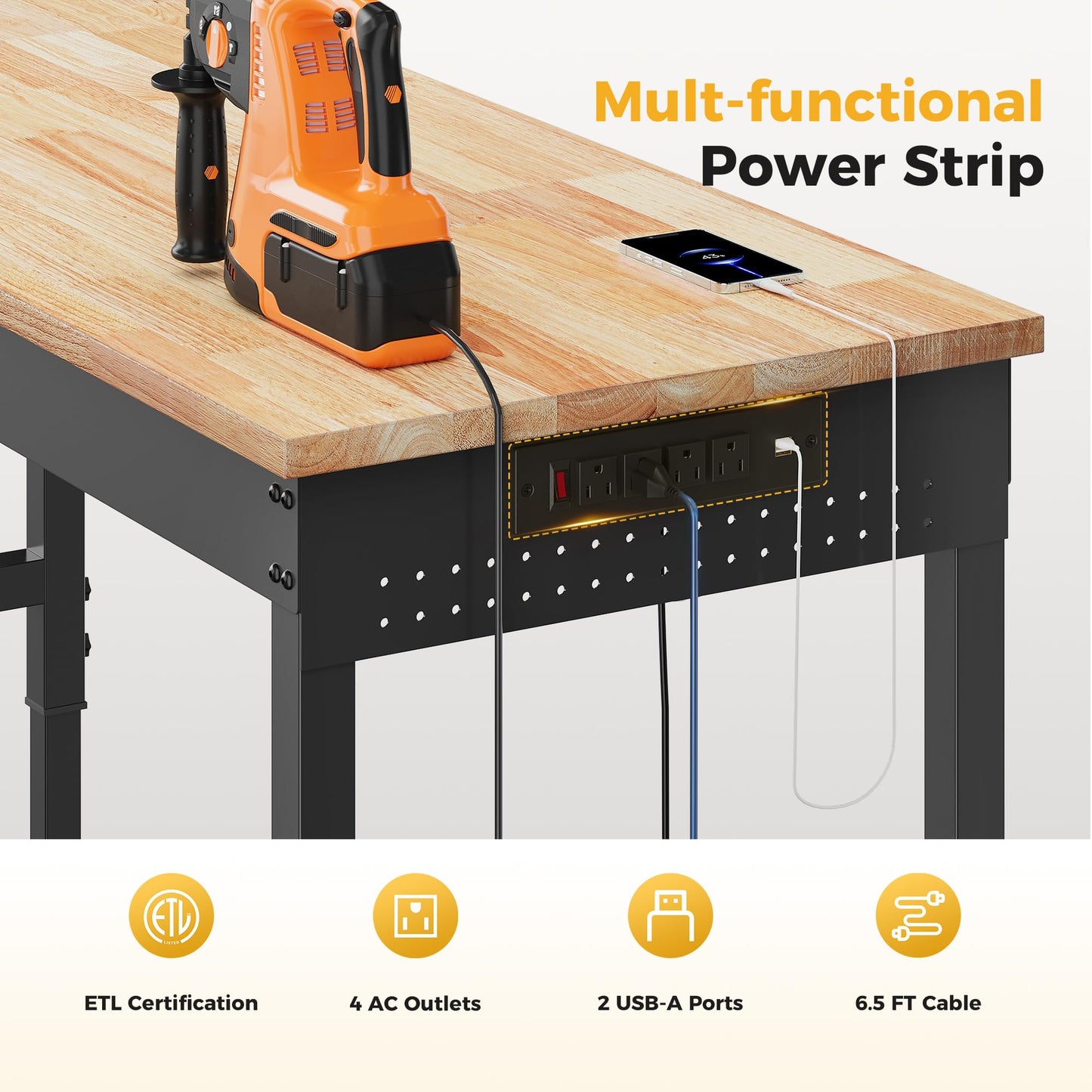 CAMMOO 96" Adjustable Heavy Duty Workbench, 2000 LBS Load Capacity Rubber Wood Work Table with Pegboard, Power Outlets, Work Bench for Garage, Workshop, Office, Home, Commercial, Ships in 2 Boxes