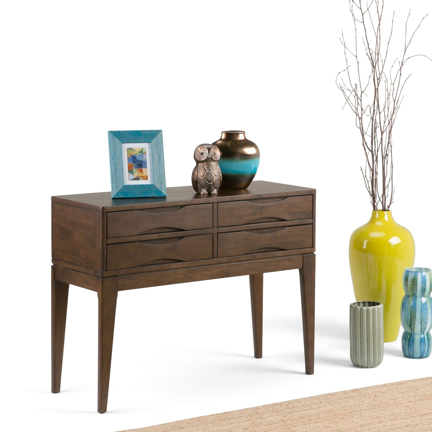 SIMPLIHOME Harper Console Table - 40 Inch Wide Solid Hardwood Sofa Table in Walnut Brown, Mid-Century Modern Storage Table for Entryway or Living Room with 4 Drawers, Notched Handles, and Tapered Legs