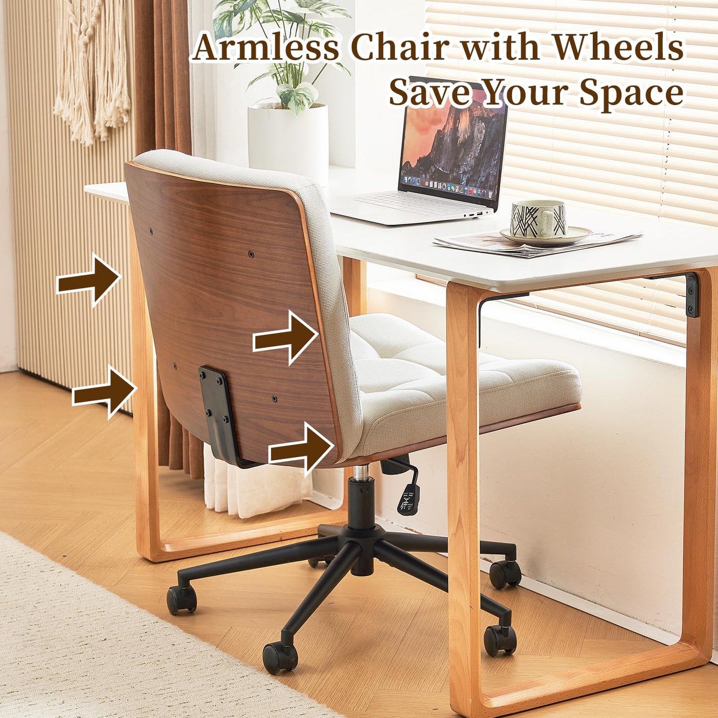 Furnimart Heavy-Duty FSC Wooden Wide Desk Chair, 360° Swivel Criss Cross Office Chair with Wheels, Comfy Cross Legged Sitting, Armless Rolling Chair for Bedroom, Office, Vanity (Linen Beige)