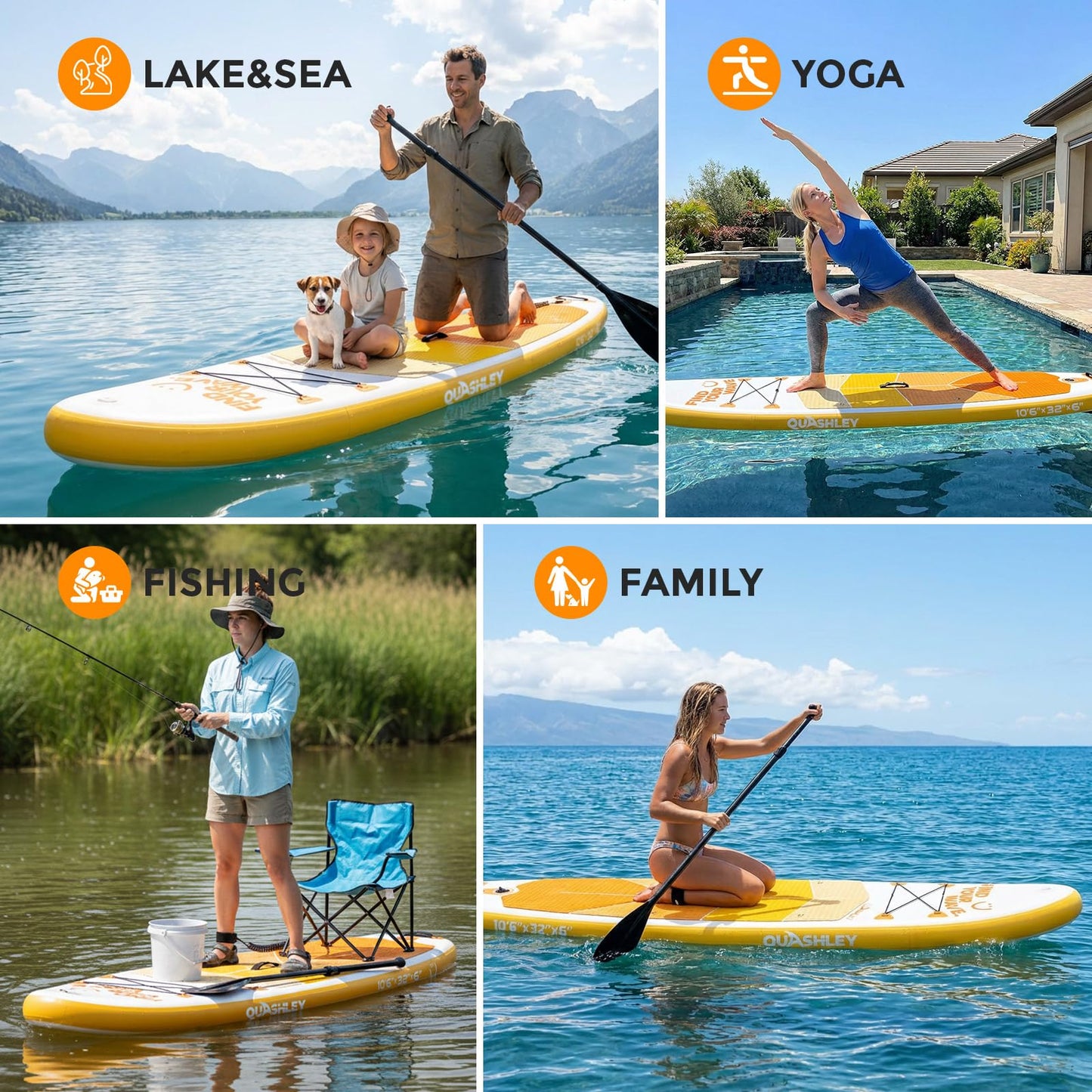 Quashley Inflatable Stand Up Paddle Board - All-Round SUP for Yoga,Fishing,Touring | Portable,Stable,Lightweight with Non-Slip Deck & Paddle for Beginners & Family Fun Yellow