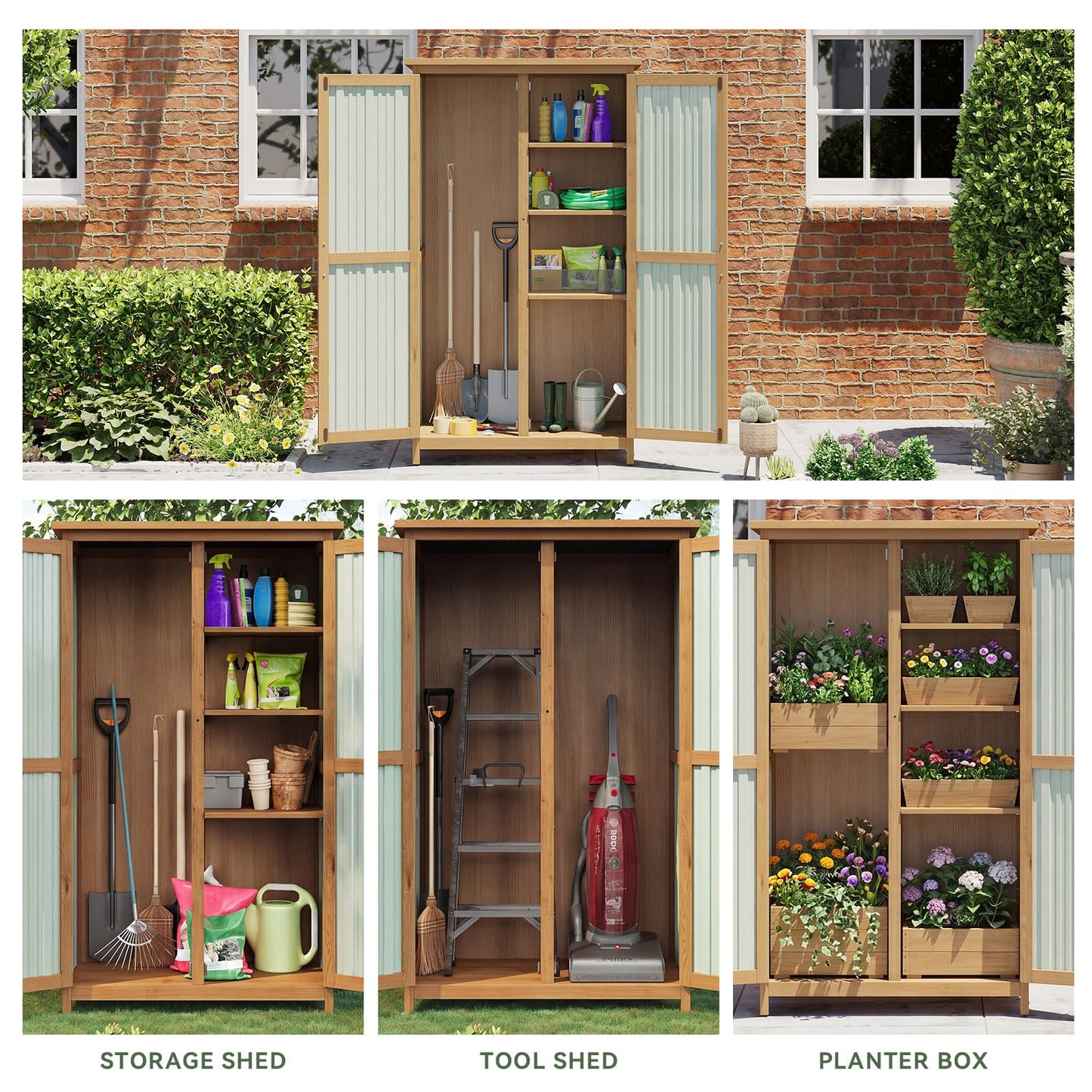 Aoxun Outdoor Storage Cabinet Shed - Tall Tool Garden Vertical Cabinet with Weather-Resistant Roof, Double Lockable Doors, 3 Removable Shelves, for Backyard Garden Patio Lawn Indoor