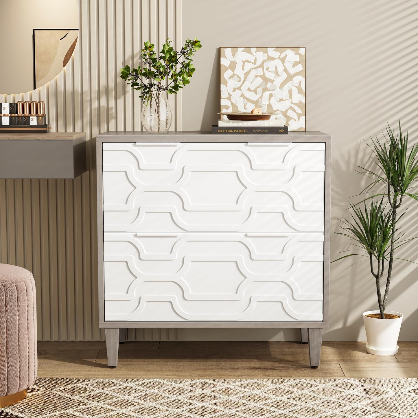 LITTLE TREE 2-Drawer File Cabinet, Lateral Filing Cabinet for A4/Letter/Legal Size, Office Storage Cabinet, Printer Stand with Storage Drawer for Home Office, White