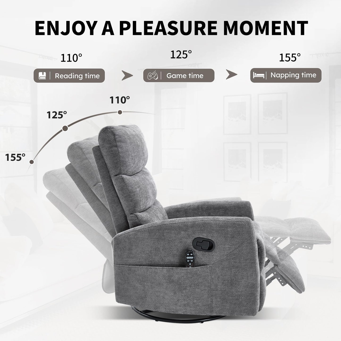 KEIKI 4-in-1 Manual Swivel Rocker Recliner Chair for Home Living Room, Chenille Chair with Back Massager & Heat, Home Theater Seating with Lumbar Support, Cozy Small Bedroom Chairs for Adults, Grey