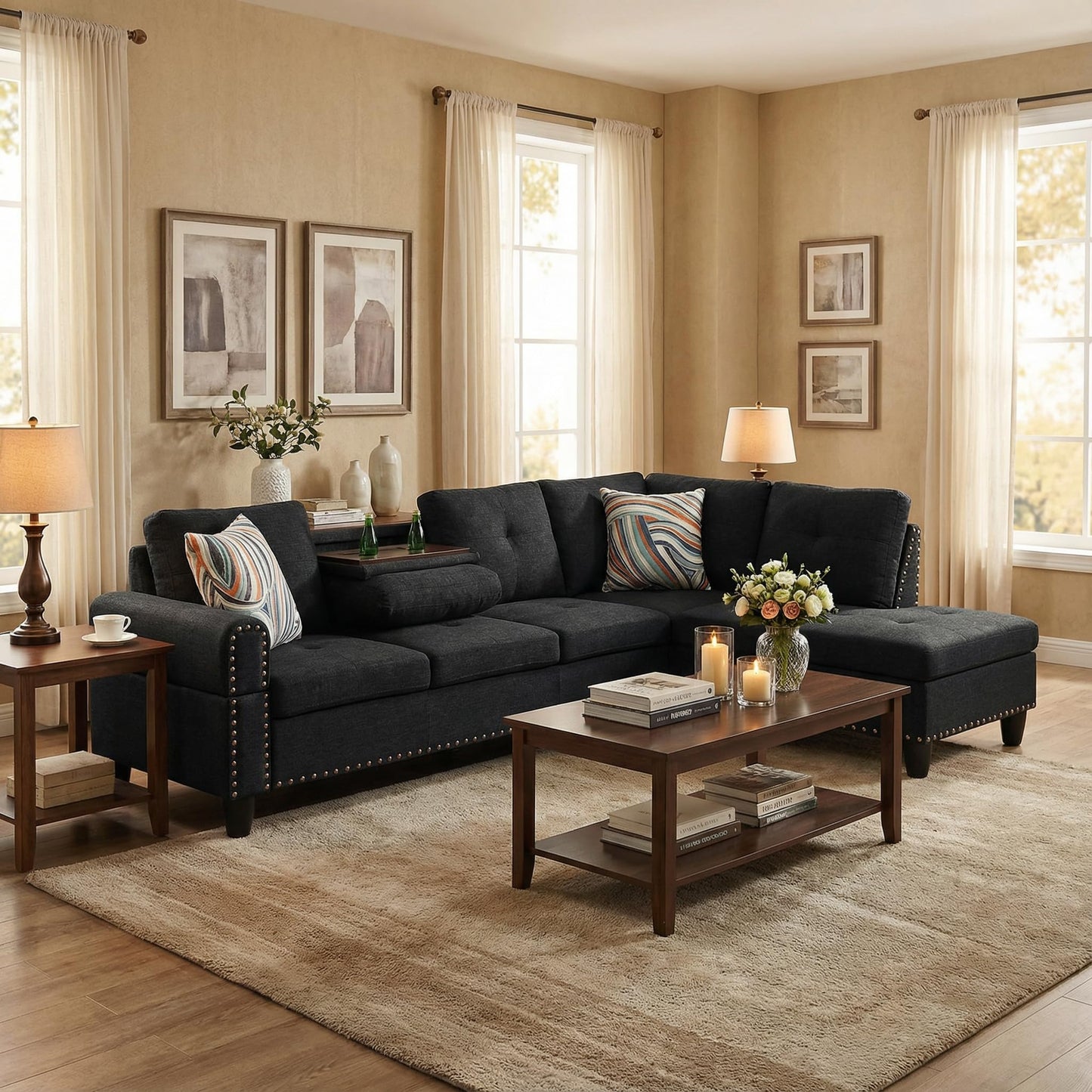 Trygoal L-Shaped Sectional Couch with Cup Holders, Living Room Sofa with Lounge Chaise, Modern 4 Seater Sofa Couch for Living Room, Small Apartment & Office, Black Gray