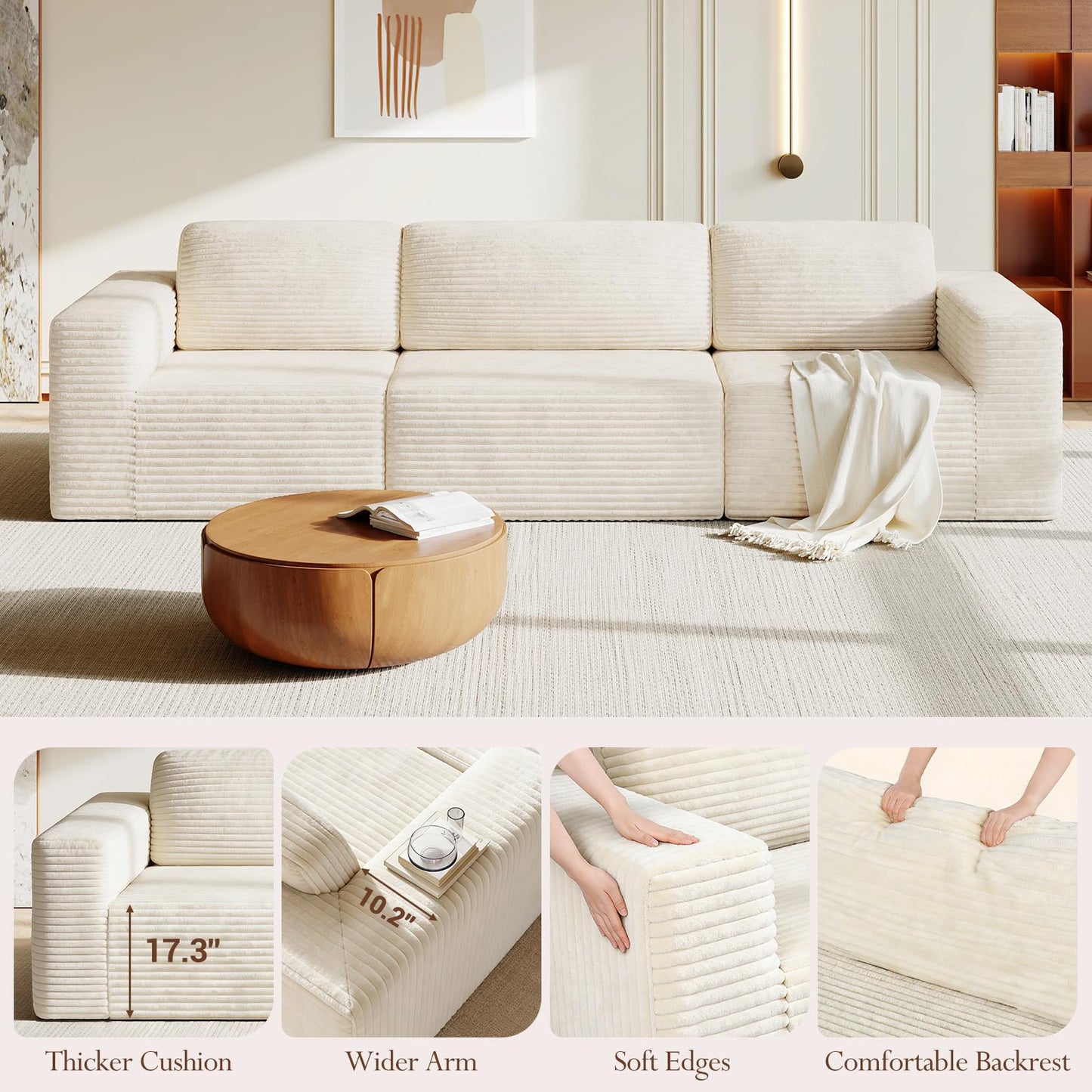 119" Modular Sofa Set, Corduroy Cloud Sectional Couch with Extra Deep Seating & Reinforced Spring System, Compact 3-Seater Boneless Sofa for Living Room & Apartment Spaces, Tool-Free Setup, Beige