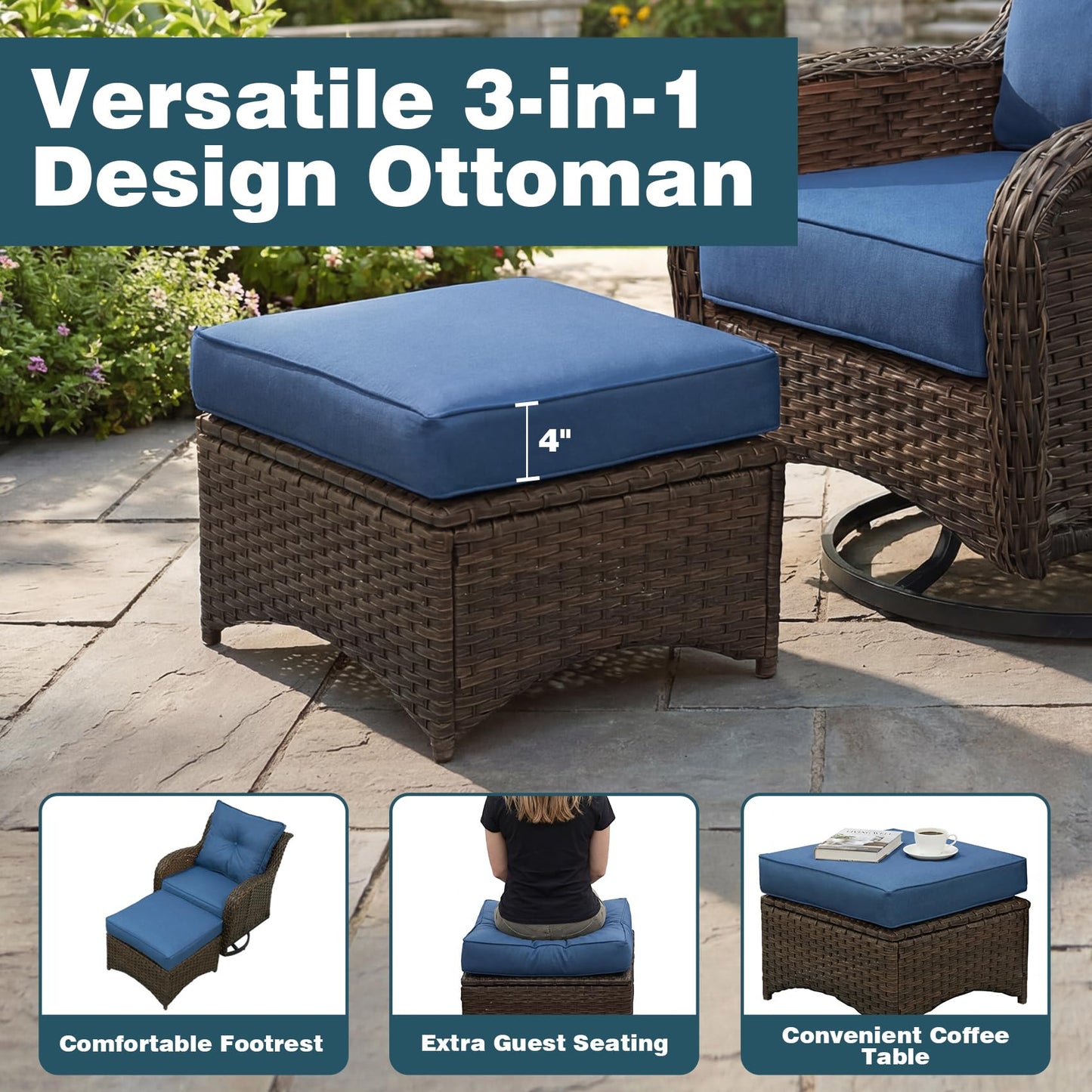 SAILARY Patio Furniture Set, 7PCS Outdoor Wicker Conversation Set with 6" Thick Cushions, High Back Rattan Sofa & Swivel Rocker Chairs, Weather Resistant Olefin Fabric for Garden, Poolside, Navy Blue