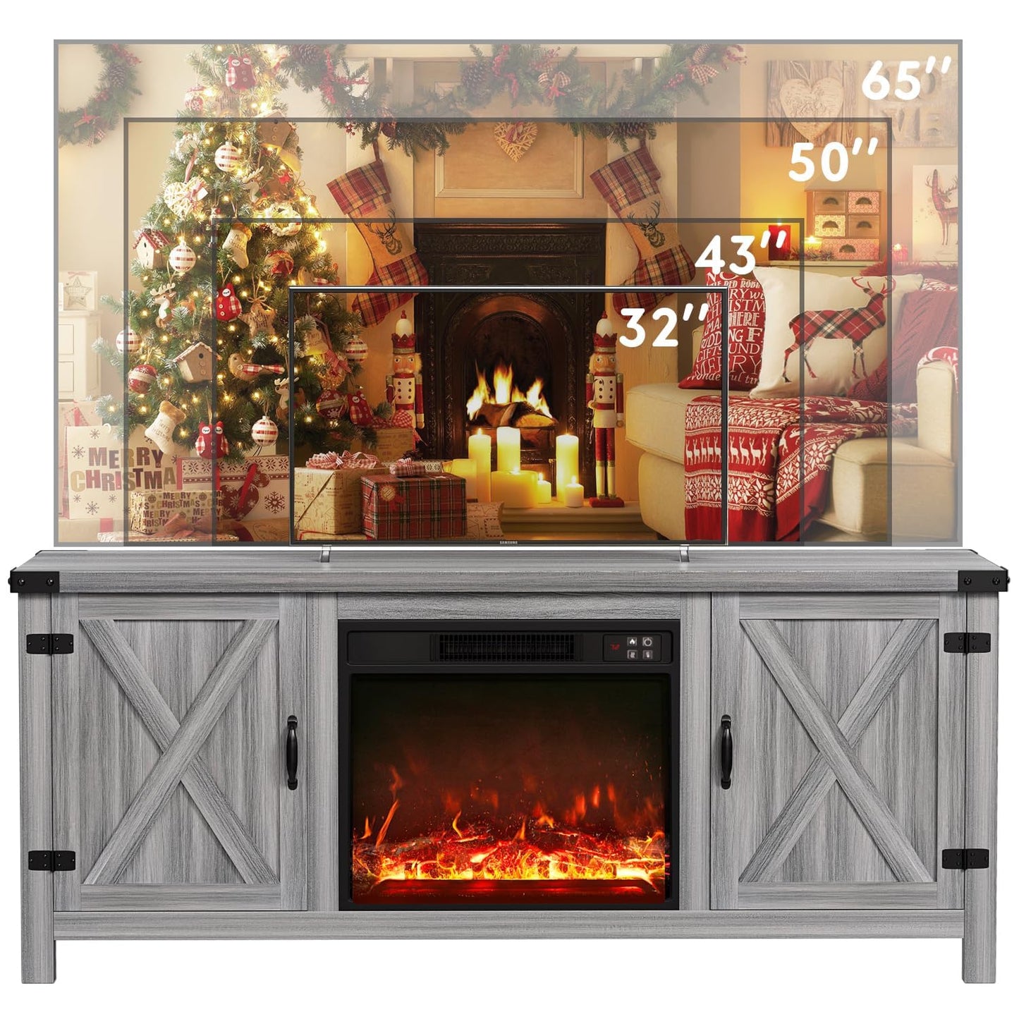 YESHOMY Fireplace TV Stand with Two Barn Doors and Storage Cabinets for Televisions up to 65+ Inch, Entertainment Center Console Table, Media Furniture for Living Room, 58 Inch, Gray