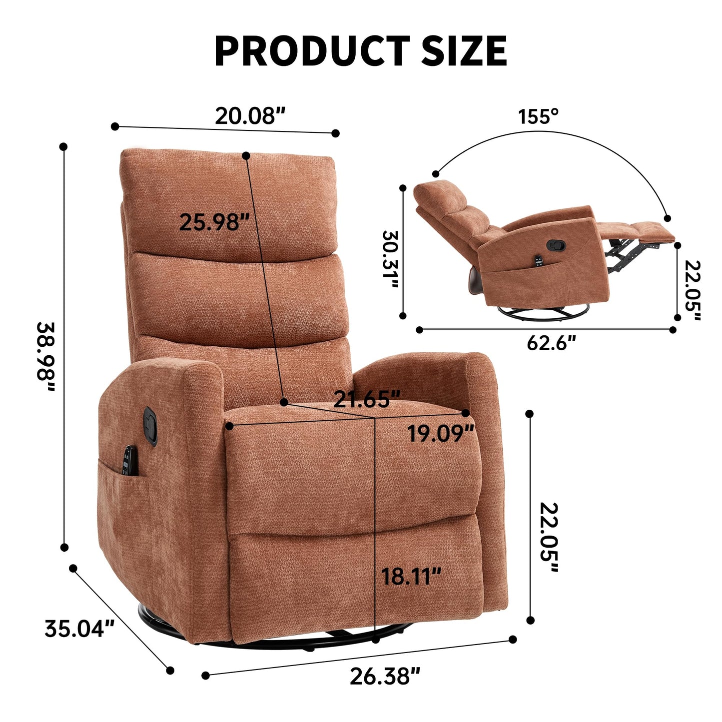 KEIKI Heat Massage Manual Recliner Chair, 360° Swivel Rocker with Lumbar Heat, Chenille Fabric Overstuffed Padding, 3 Massage Modes Timer, Tool-Free 10-Min Assembly for Bedroom Lounge, Orange