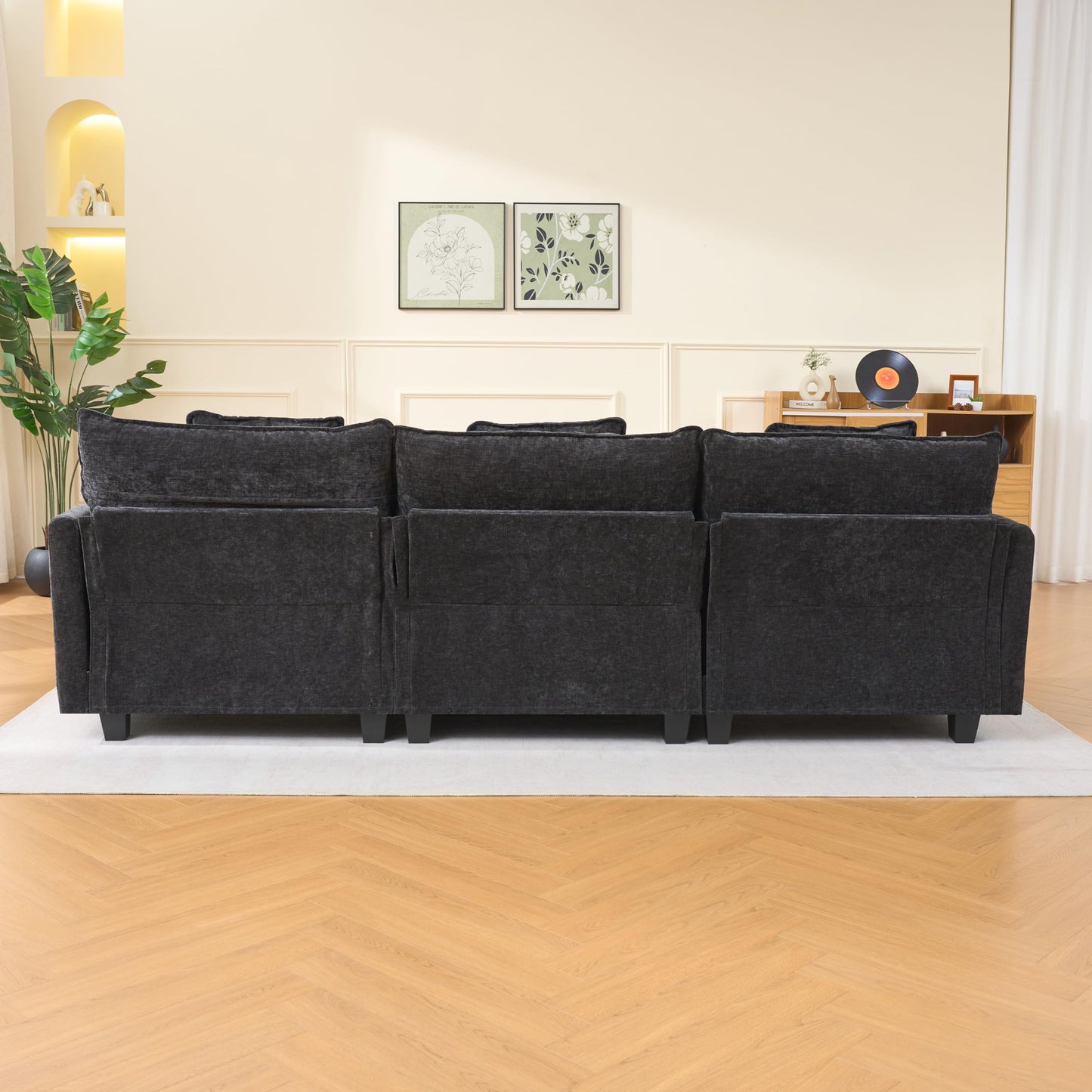 KEIKI 102" Modular Sectional Sofa with Storage Ottoman, L Shaped Convertible Couch with Movable Chaise Lounge, Linen Fabric Comfy 3 Seat Sleeper Sofa for Living Room Large Apartment Bedroom, Black