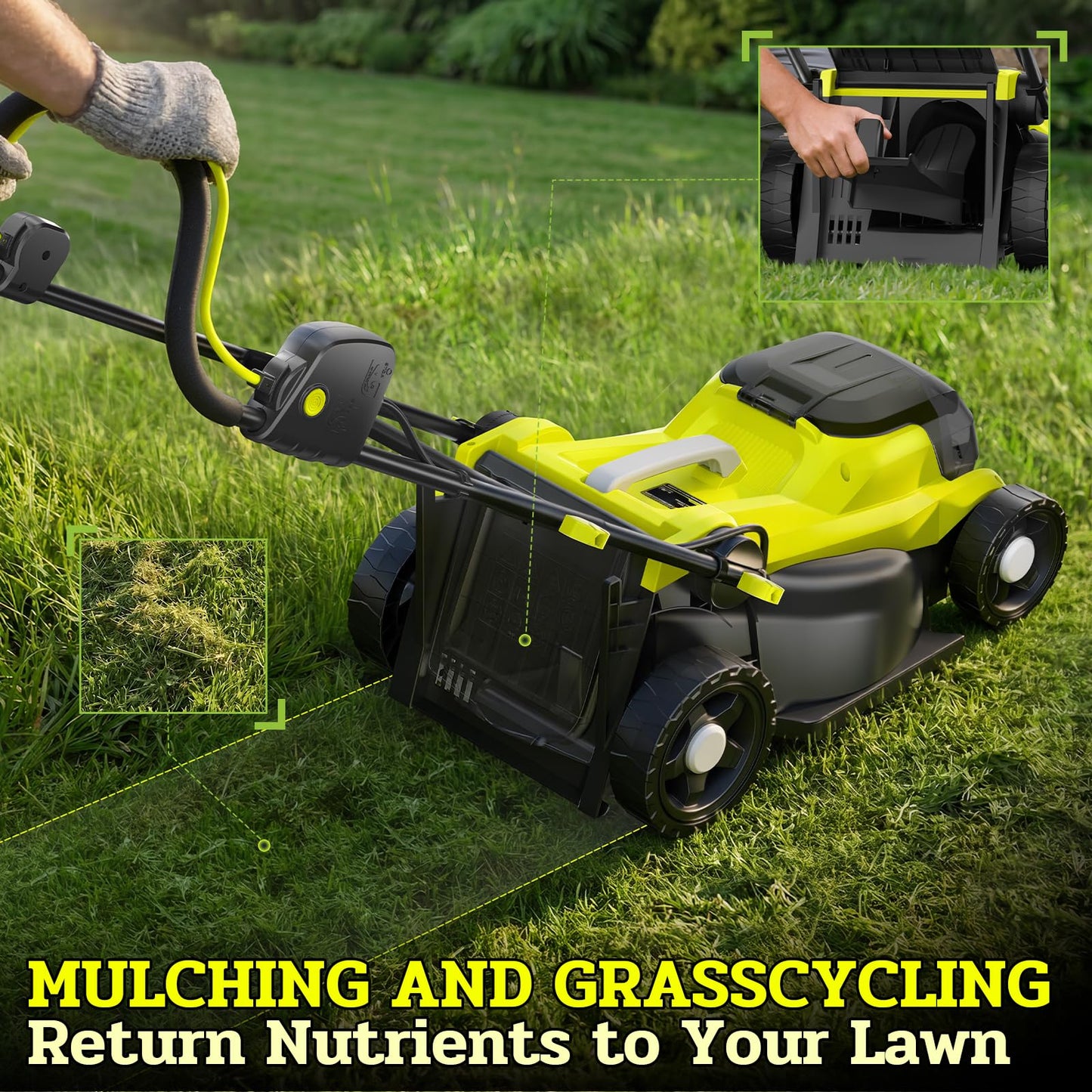 KOMASTY 40V Electric Lawn Mower 15" Cordless Battery Powered Mower, 2 in 1 Mulching Lawnmower with 5-Position Height Adjustment 10.6 Gallon Bag, Small Push Lawn Trimmer, 2X4.0Ah Battery and 2 Chargers