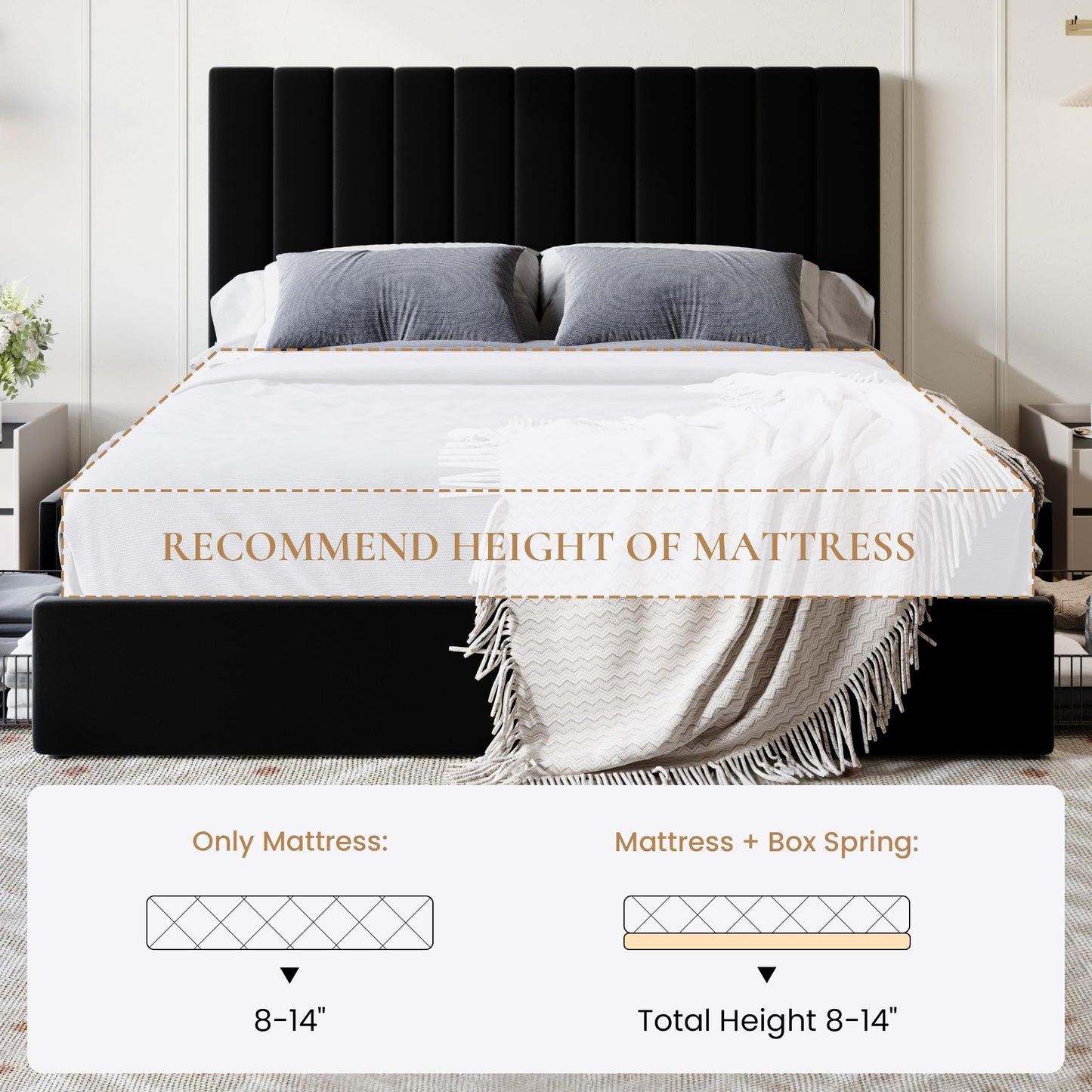 SHA CERLIN Queen Size Platform Bed Frame with 4 Storage Drawers, Vertical Channel Tufted Adjustable Headboard, Velvet Upholstered, Wooden Slats Support, No Box Spring Needed, Easy Assembly, Black