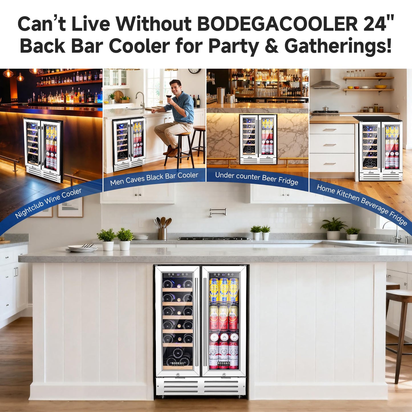 BODEGACOOLER Wine and Beverage Refrigerator, 24 Inch Under Counter Commercial Beverage Refrigerator, Large Capacity Back Bar Cooler With 2 Glass Doors,LED Lighting for Beer,Soda,Wine,4.1 Cu.Ft.,Black.