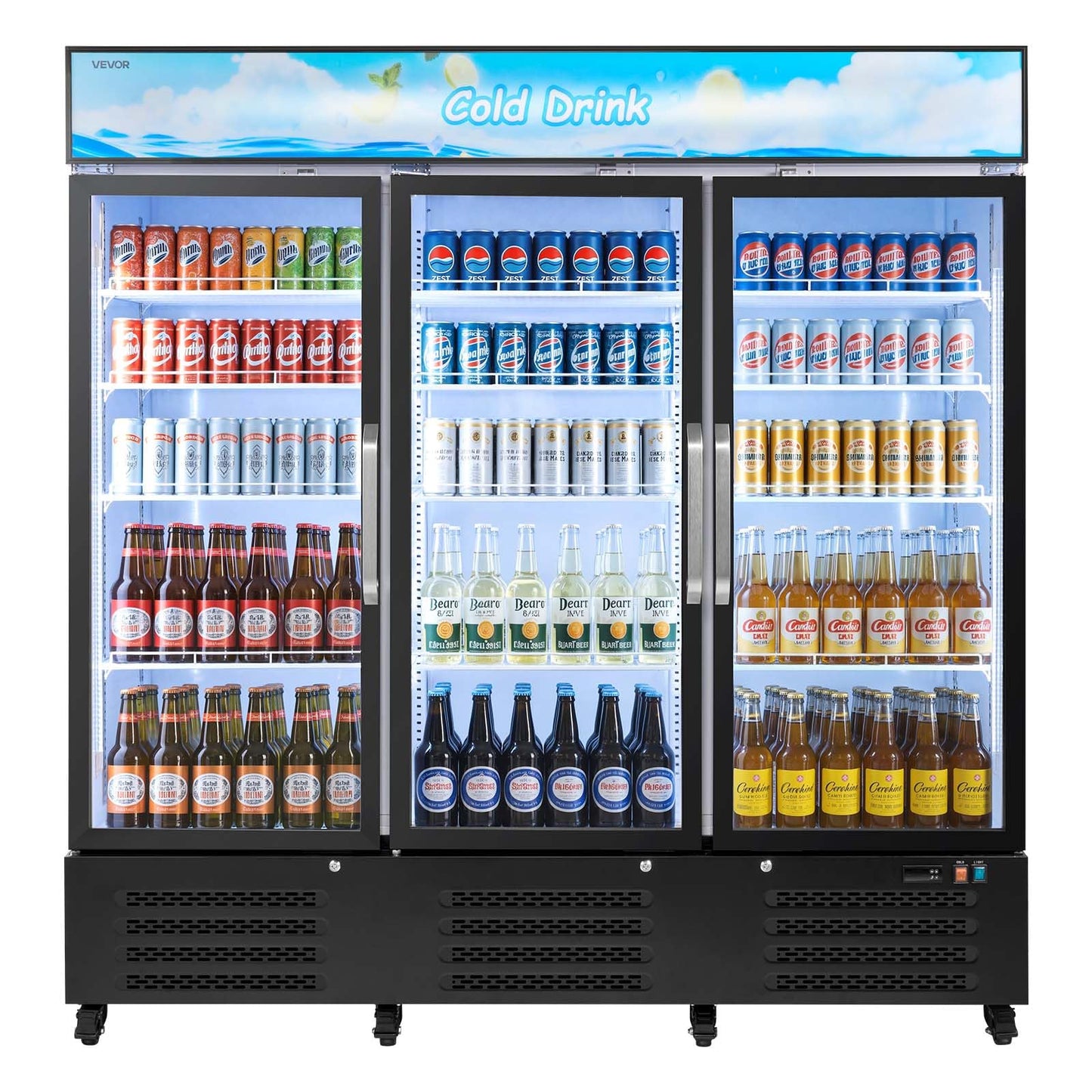 VEVOR Commercial Merchandiser Refrigerator, 54.3 Cu.Ft / 1538L Upright Beverage Cooler, 3 Glass Door Display Refrigerator with Customizable Lightbox, 12 Adjustable Shelves, Soft LED Lighting & Casters
