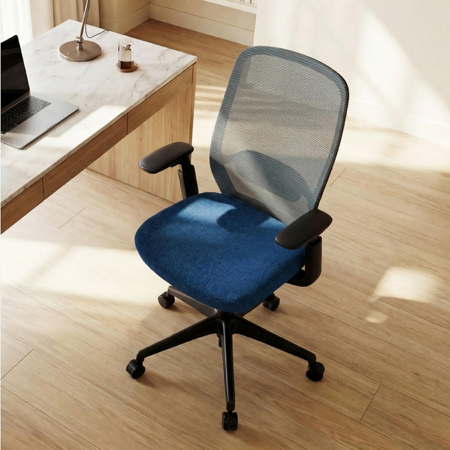COLAMY Aether Executive Office Chair for Long Hours, One-Touch Easy Adjust Managerial Desk Chair with Levitating Seat Cushion & Pilot-Level Sync Armrests, 300 LBS Mid Back Mesh Computer Chair,Blue