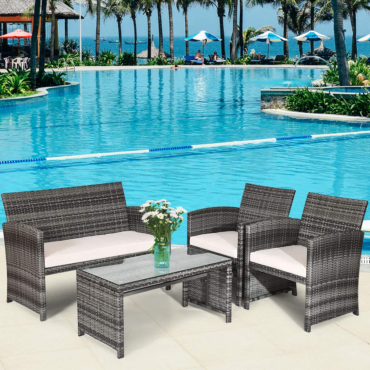 Tangkula 4 PCS Wicker Patio Conversation Set, Outdoor Rattan Sofas with Table Set, Patio Furniture Set with Soft Cushions & Tempered Glass Coffee Table for Poolside Balcony