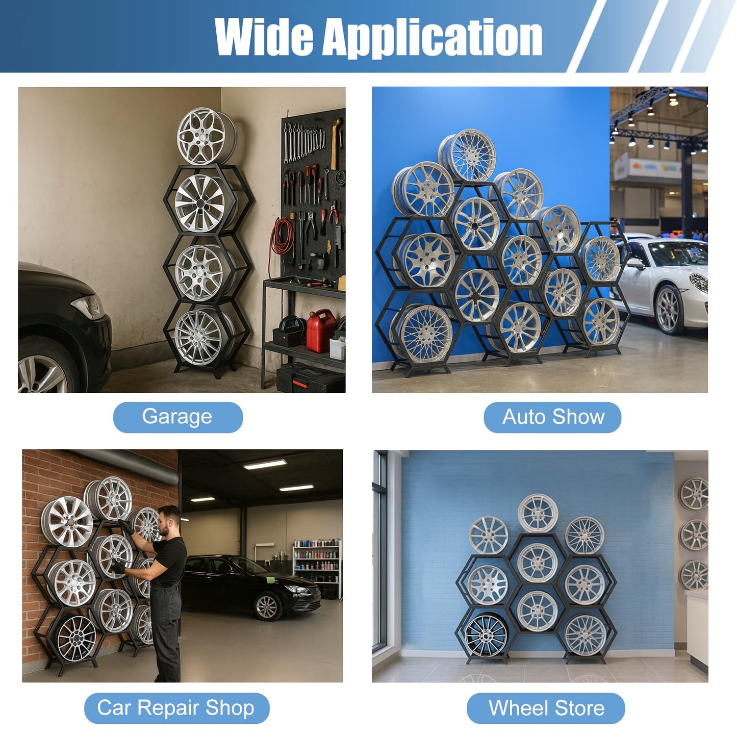 Renvan Heavy Steel Wheel Display Rack, Car Rim Rack Holds 9 Rims, Stackable Car Wheel Stand for Garage, Auto Repair Shop, Tire Store (6 frames + 2 bases)