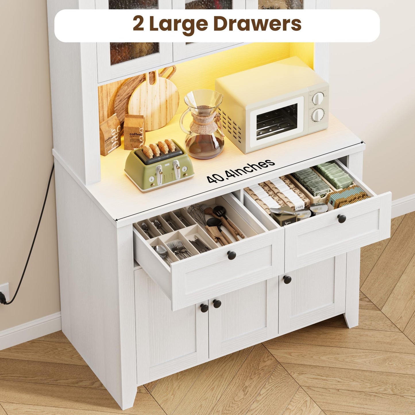 Garvee 66" Tall Pantry Cabinet with LED Lights & Charging Station, Kitchen Pantry Storage Cabinet Kitchen Hutch Coffee Bar with Adjustable Shelves for Dining Room, Living Room