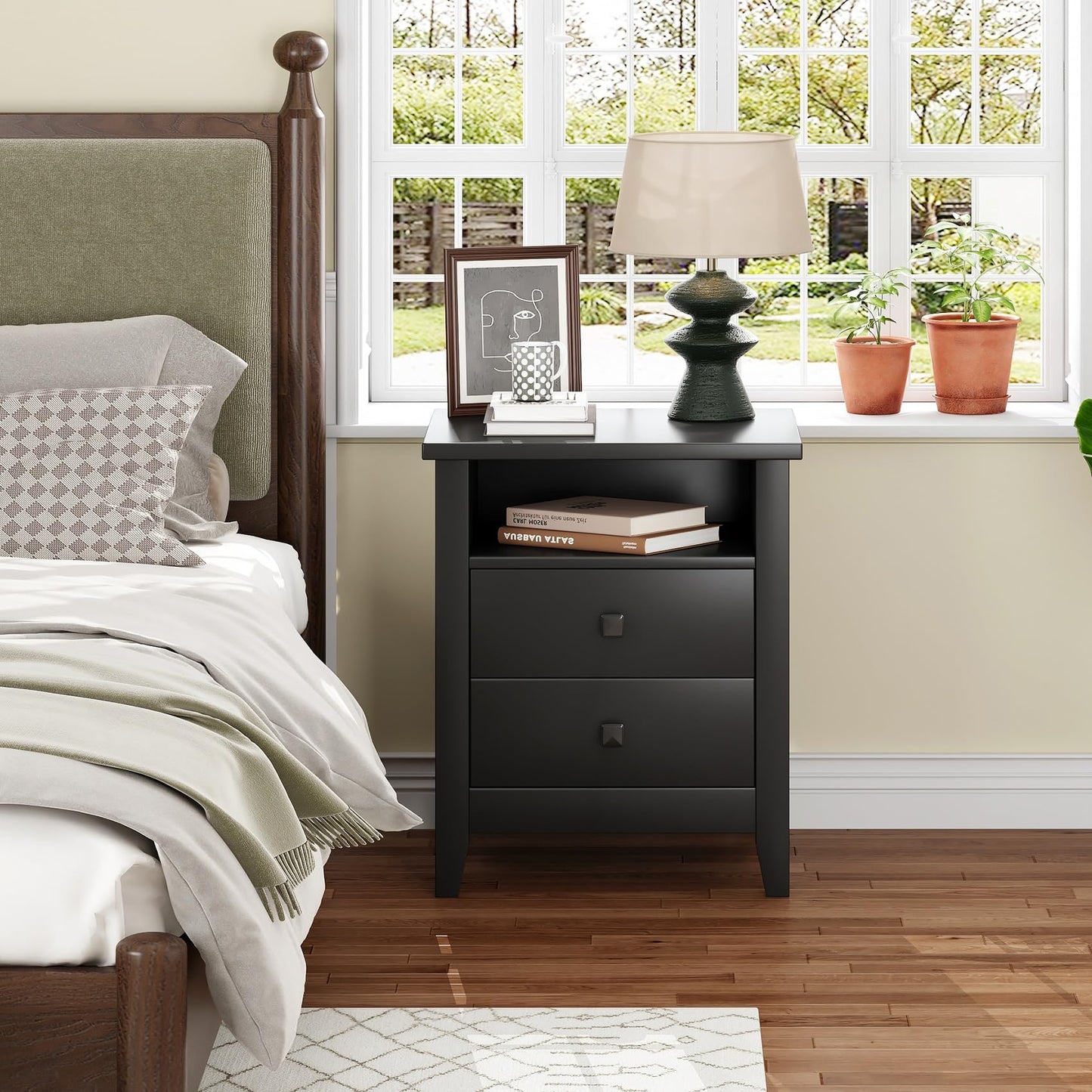 JSB Farmhouse Nightstand Set of 2, Night Stand with 2 Drawers,Open Shelf, End Table/Bed Side/Side Table for Bedroom, Kids Room, Living Room (Black, 18.7" W x 15" D x 23.8" H (2 Drawers))