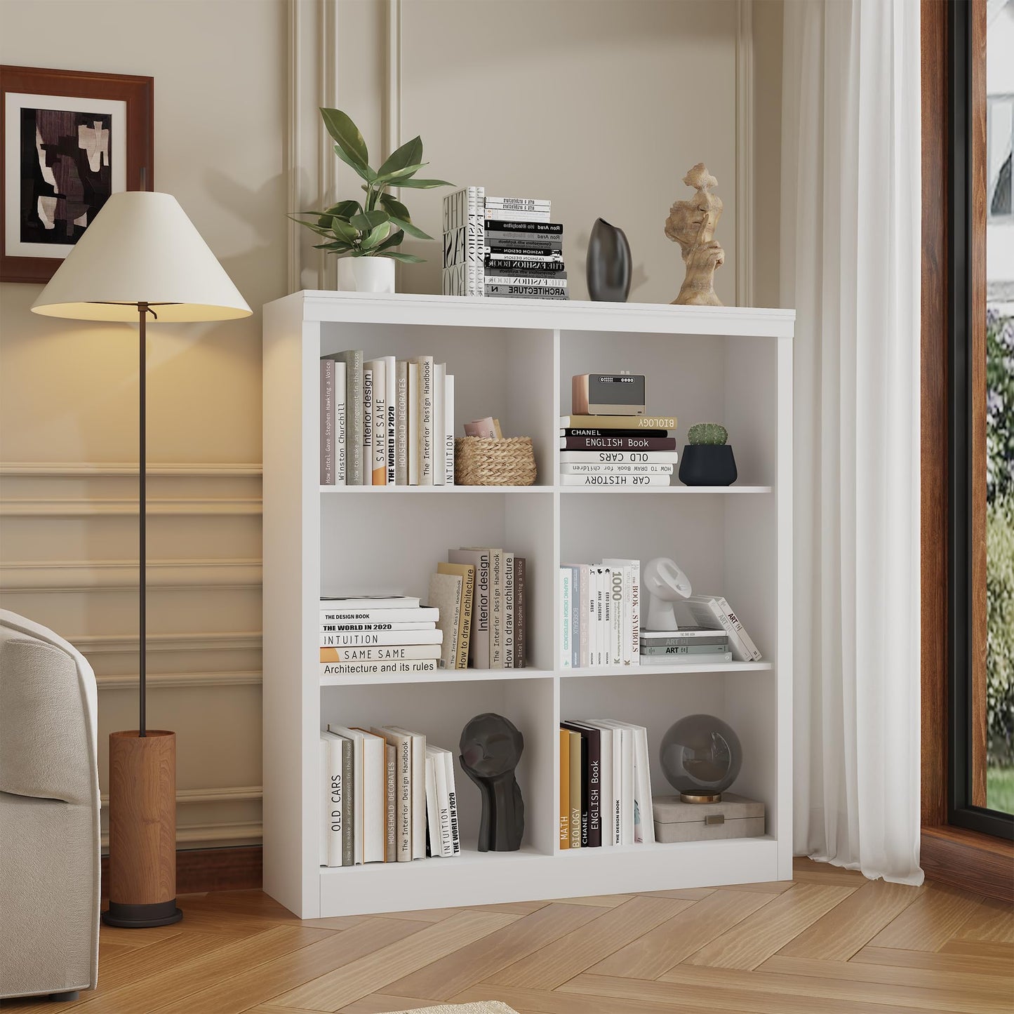 GarveeHome 6 Cube Storage Organizer, 53 Inch Tall Bookcase with Anti-Tip Design, Sturdy Wooden Bookshelf for Living Room, Bedroom, Home Office, White Cube Shelf in White