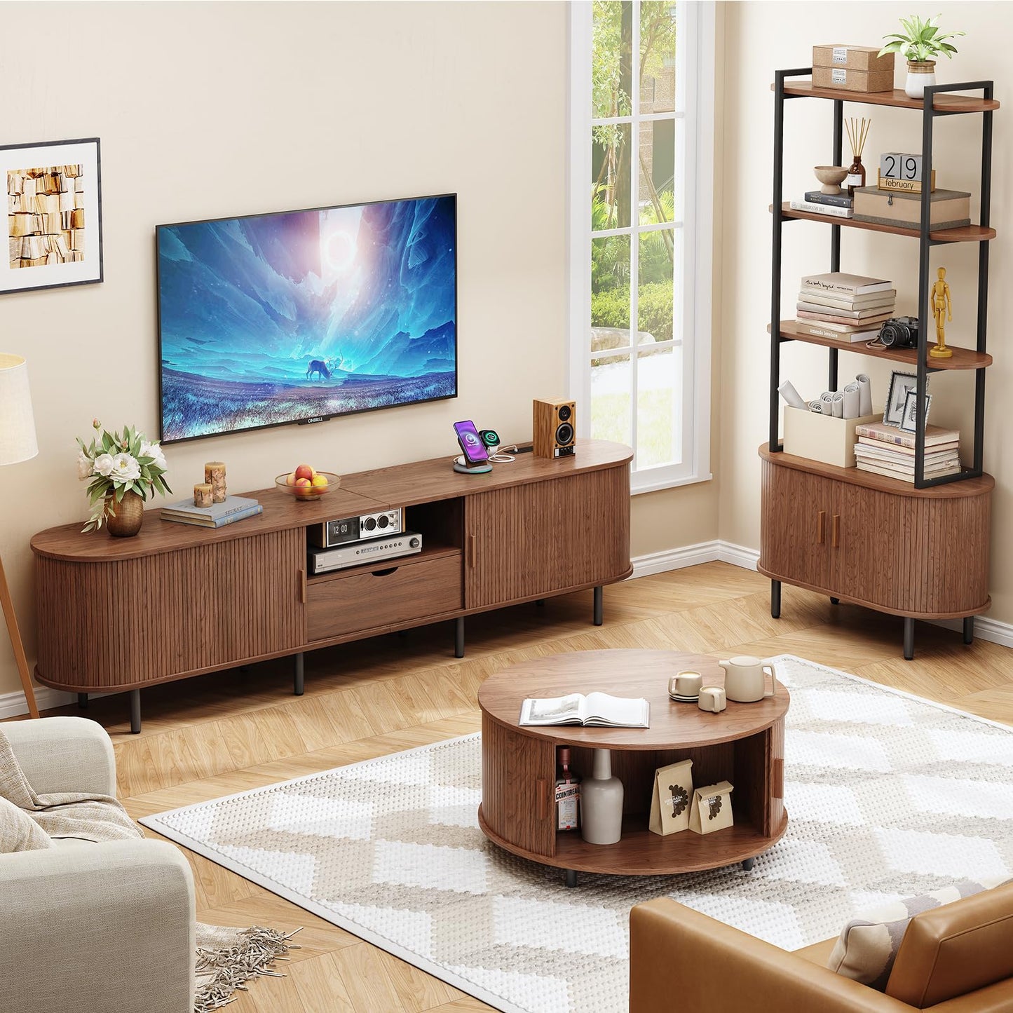 ONBRILL 94.5" TV Stand with Power Outlet for TVs up to 102", Entertainment Center with Storage and Drawer, TV Console w/Adjustable Shelves and Sliding Door, TV Stand for Living Room, Bedroom, Walnut