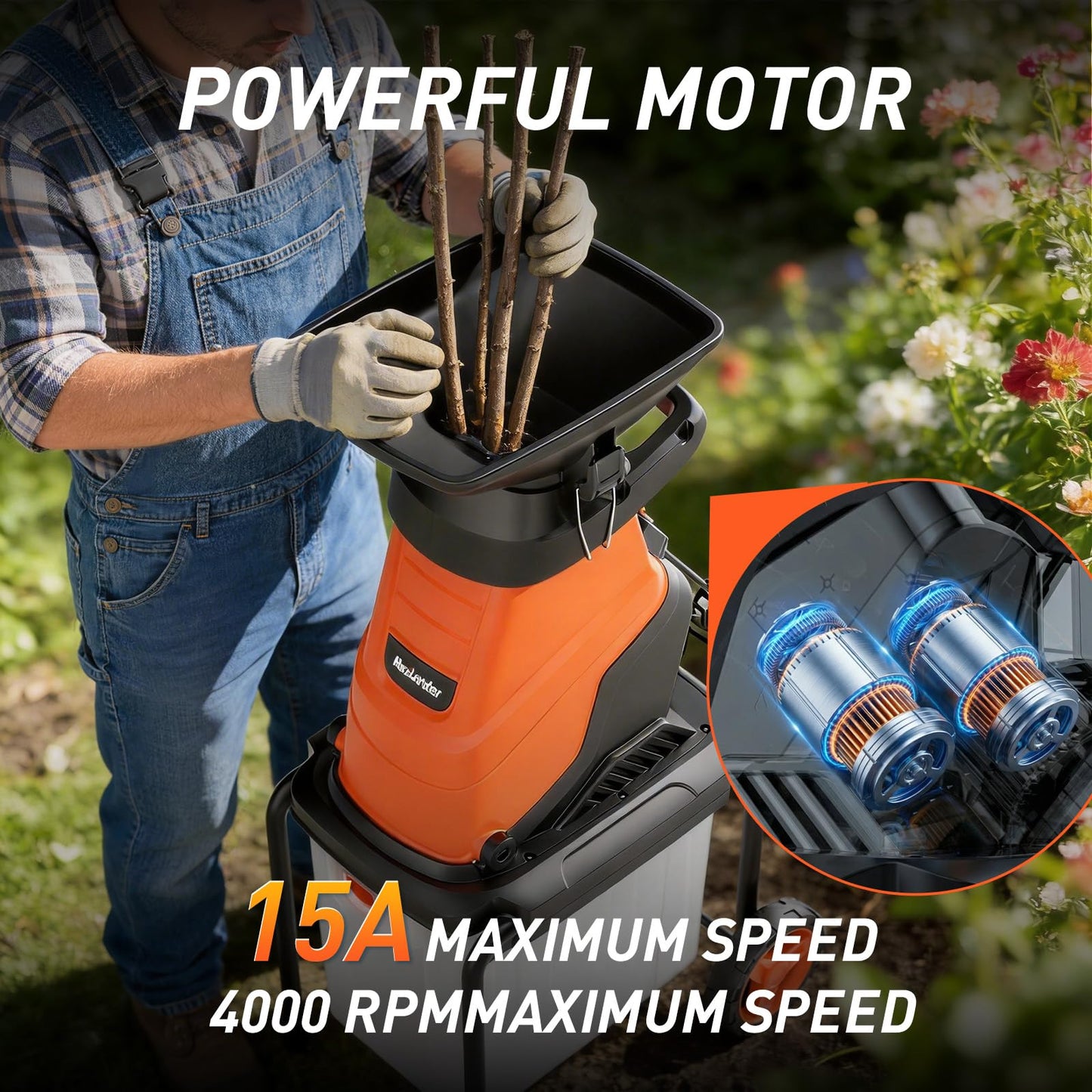 MAXLANDER 15-Amp Electric Wood Chipper Shredder, 1.78-Inch Cutting Capacity, 15:1 Reduction Ratio, Yard Mulcher with 50L Collection Bin, Corded Garden Shredder for Branches & Twigs