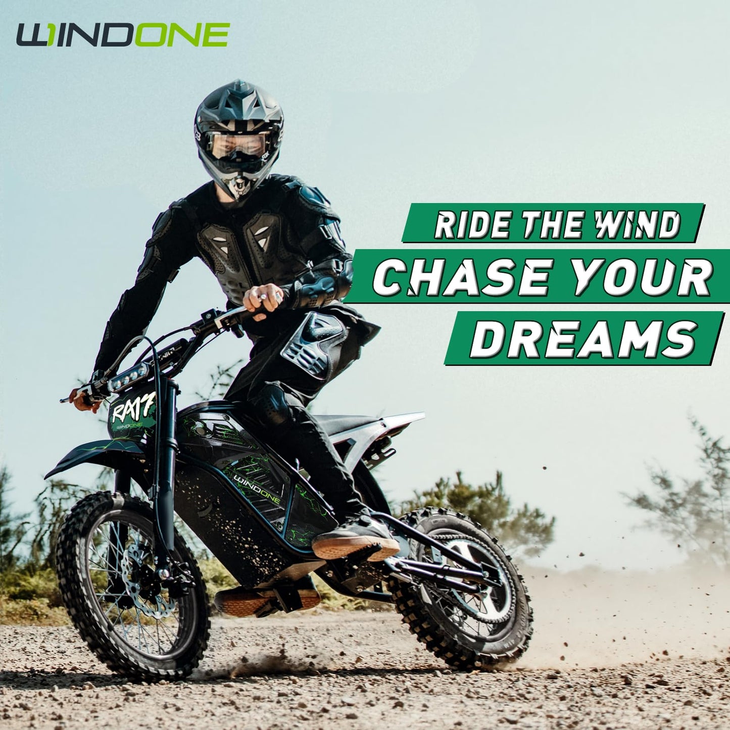 Windone RM7 Electric Dirt Bike, 48V 22.5Ah, 37MPH & 45-Mile Electric Motorcycle, 2200W Ebike, 14"/12" Off-Road Tire E-Bike, Dual Hydraulic Brakes, Full Suspension, Fit Age 13+, Green Lightning