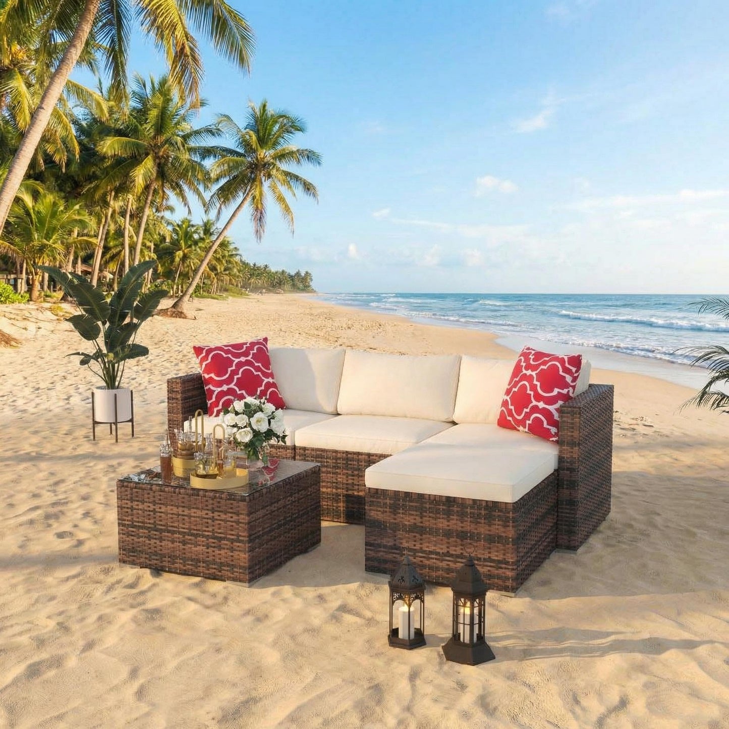 5-Piece Patio Sectional Sofa Set, All-Weather Brown PE Rattan Outdoor Conversation Furniture with Neutral-Tone Cushions, Glass Coffee Table & Footstool, Modular Design for Garden, Porch, Balcony, Pool
