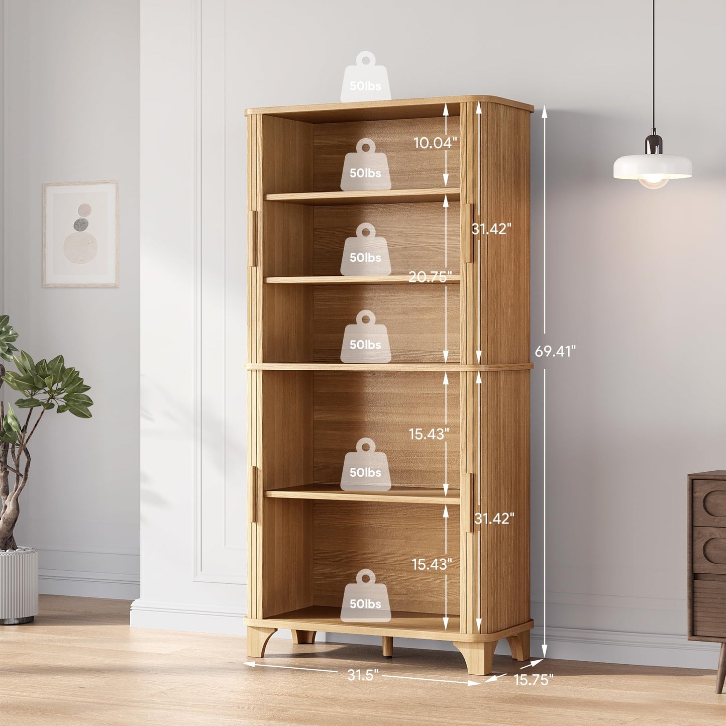 Decofy 69" Tall Kitchen Pantry Storage Cabinet with Sliding Door, Modern Curved Edge Pantry Storage Cabinet with 5 Shelves, Cupboard for the Kitchen, Dining Room, Bedroom, Living Room, Office (Oak)