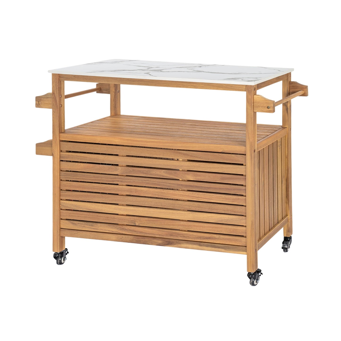 Christopher Knight Home Shina Outdoor Bar Cart with Marble-Effect Top + Lockable Wheels, Acacia Wood Outdoor Storage Cabinet with Open Shelves and 2 Doors, Kitchen Island Serving Cart, Natural