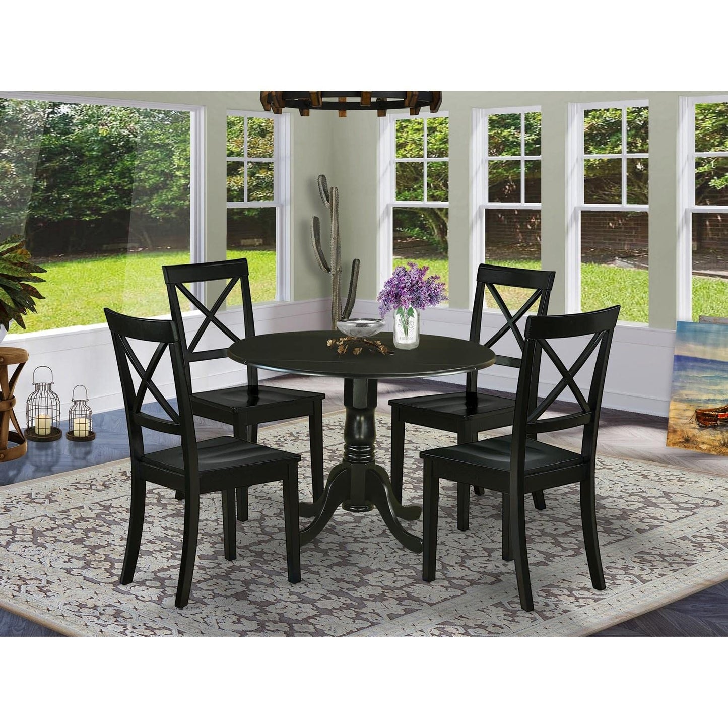 East West Furniture DLBO5-BLK-W 5 Piece Dinette Set for 4 Includes a Round Dining Room Table with Dropleaf and 4 Kitchen Dining Chairs, 42x42 Inch, Black