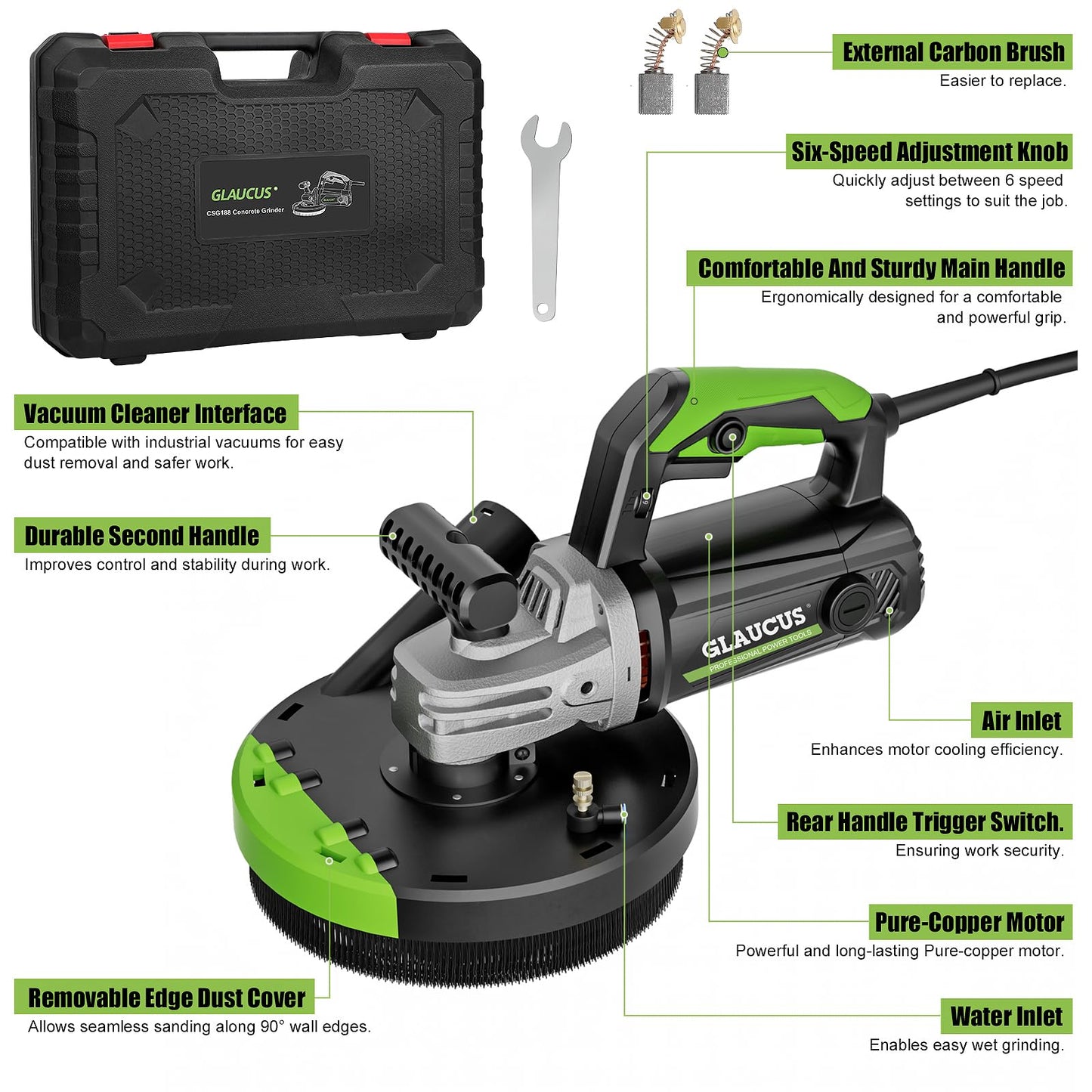 GLAUCUS® 7-Inch Concrete Surface Grinder, Angle Grinder Kit with Dust Shroud, floor grinder, 2200W Motor,Auxiliary Handle, Diamond Wheel, 90° Seamless sanding for Floor, Wall, Adhesive and Ceiling