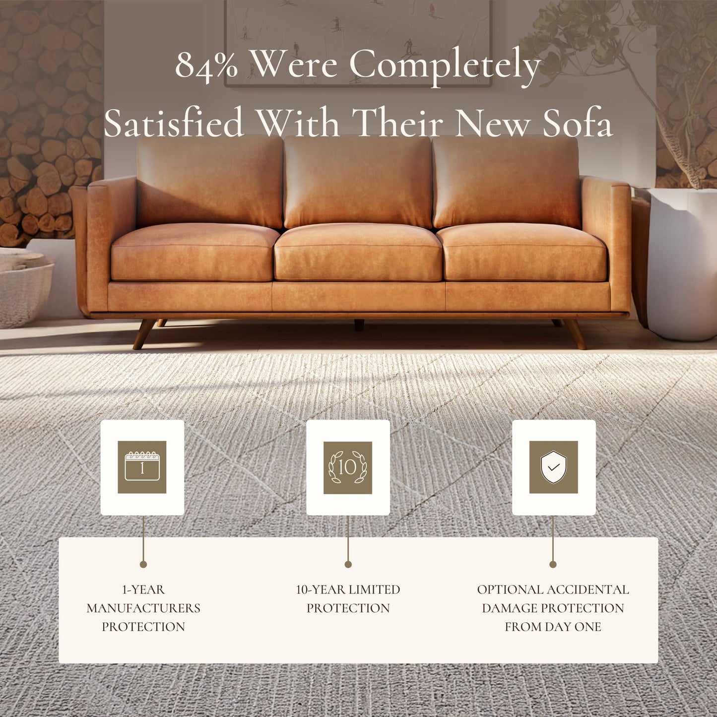 POLY & BARK Nolita 85” Leather Sofa – Full-Grain Italian Aniline Leather, Feather-Down Comfort, Solid Wood Base – Cognac Tan