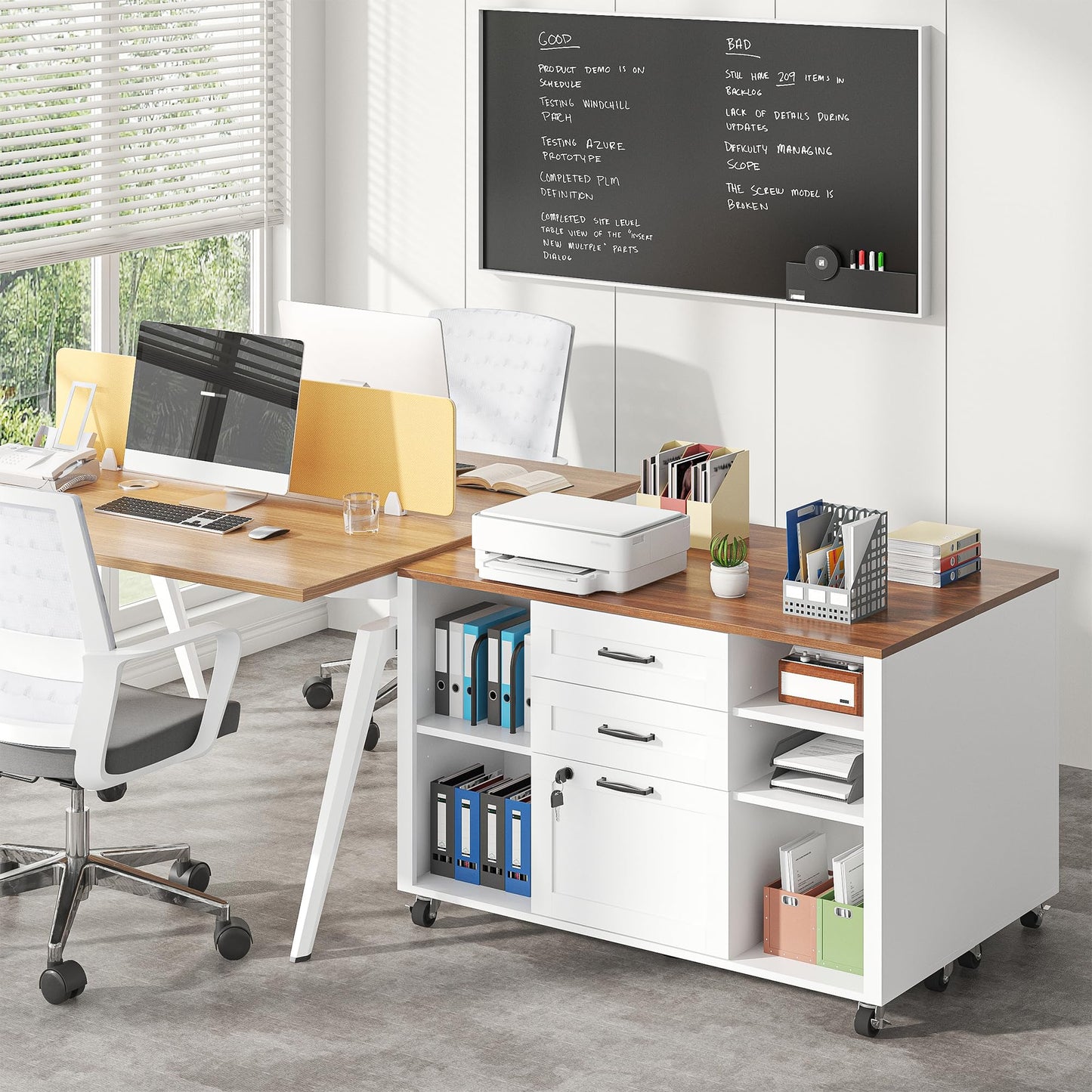 kepptory 3 Drawer Wood Mobile Large lateral File Cabinet with Lock, Lockable Rolling Filing Cabinet with Open Storage Shelves, Printer Stand Office Storage for Home Office Fits Files Legal/A4, White