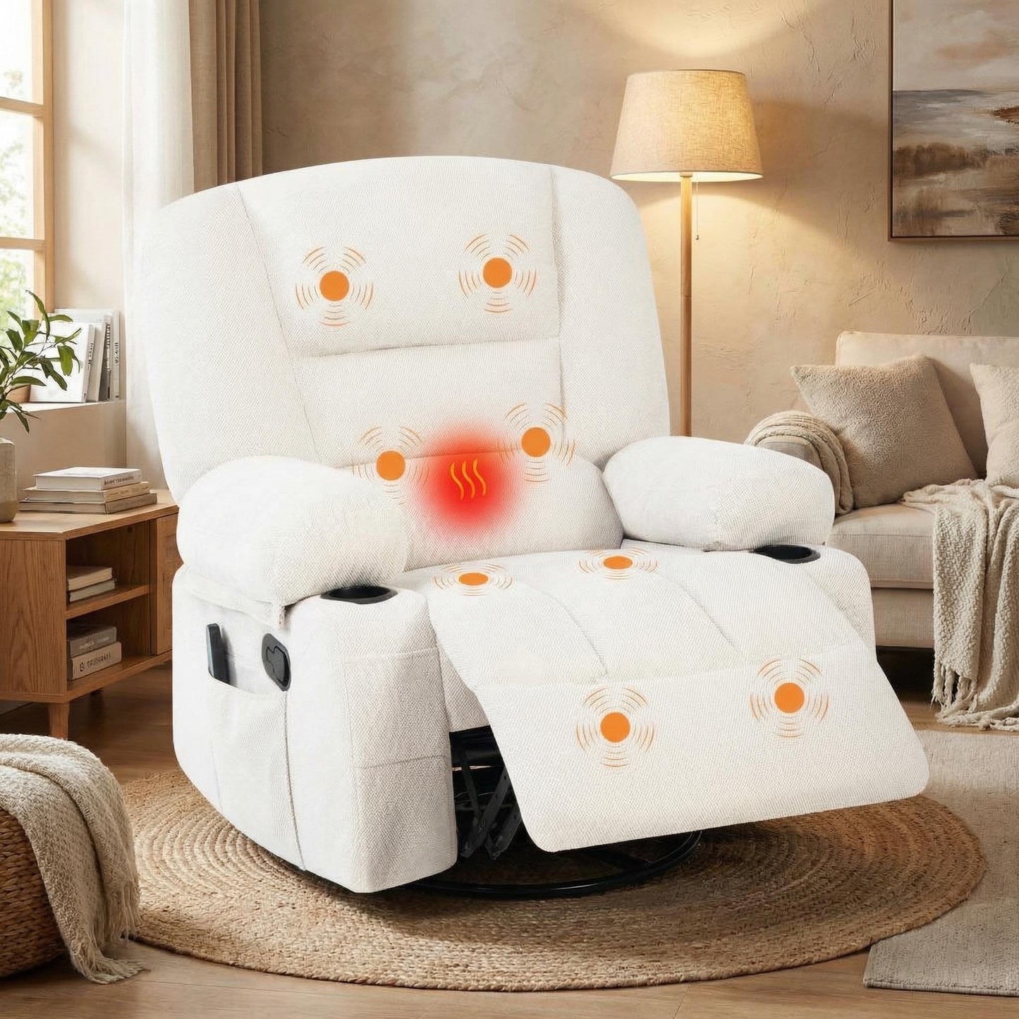 Oversized Wide Recliner Chair with Vibration Massage and Heat, 360° Swivel Recliner Glider for Adults,Chenille Fabric Manual Reclining Single Sofa with Cup Holders & Side Pockets for Living Room,White
