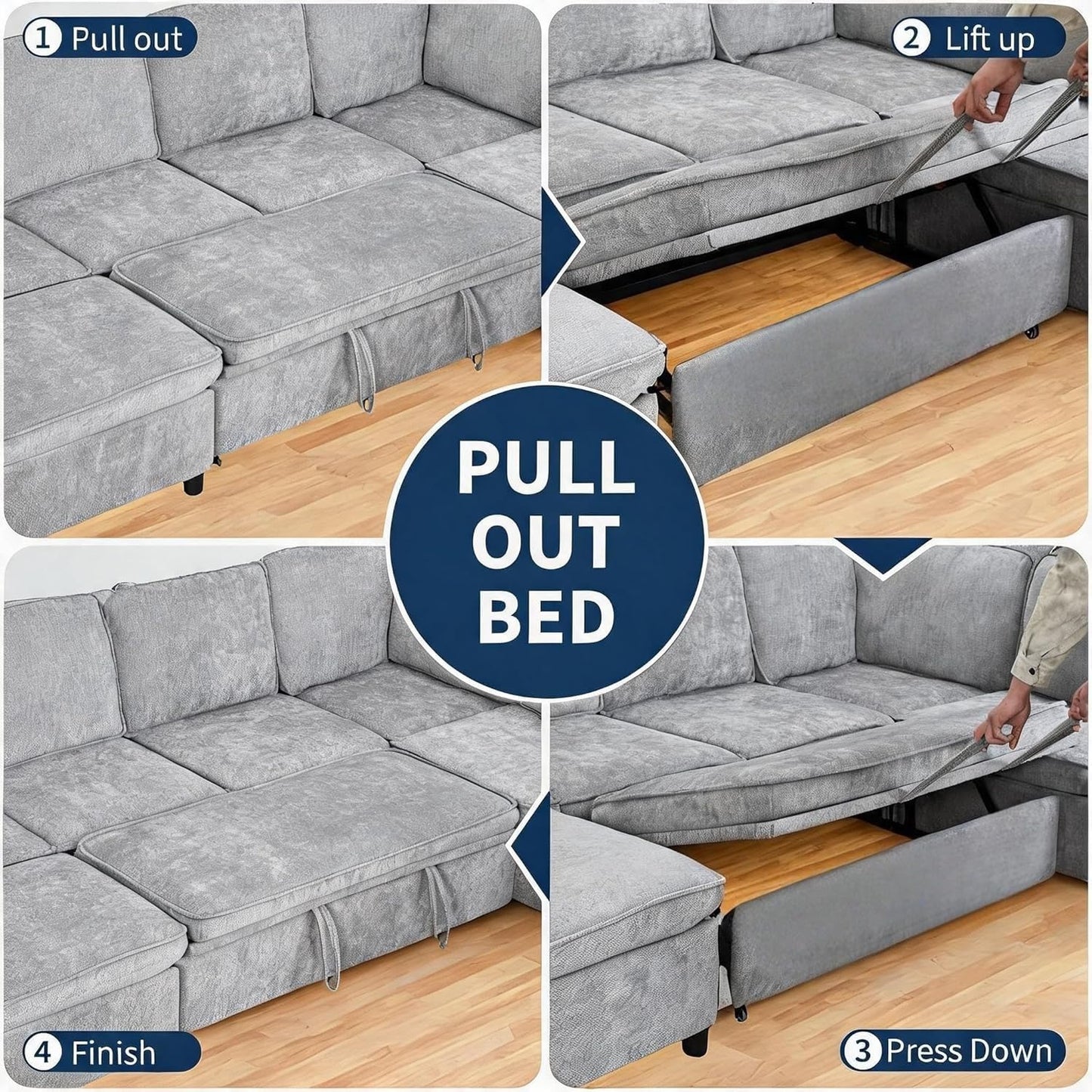 Modular Sectional Couch with Pull Out Sofa Bed, 116" U Shaped Modular Cloud Sofa Set with Ottoman, Charging Port & Foldable Side Table, 7 Seater Comfy Chenille Sleeper Couch for Living Room, Grey