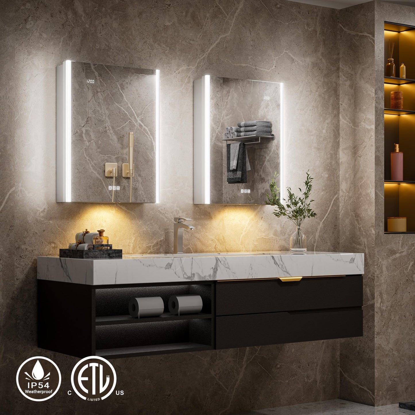 QueenFun Lighted Medicine Cabinet Mirror with Lights & Smart Night Lamp -20x26 Surface or Recessed Medicine Cabinet Mirror with Outlet & Clock,Fogless Dimmable LED Storage Mirror,Built-in Sensor Light