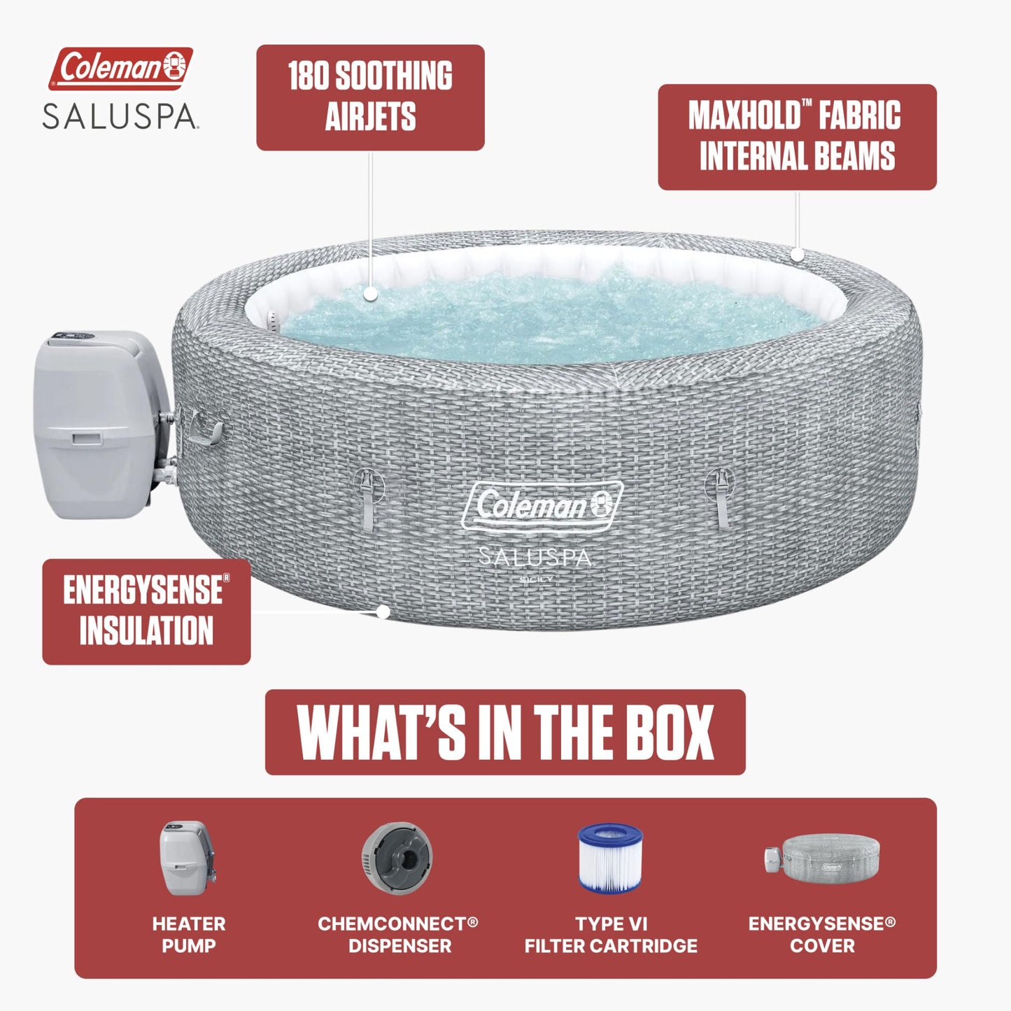 Coleman Sicily Energy-Efficient AirJet Inflatable Hot Tub 5-7 Person with App-Control