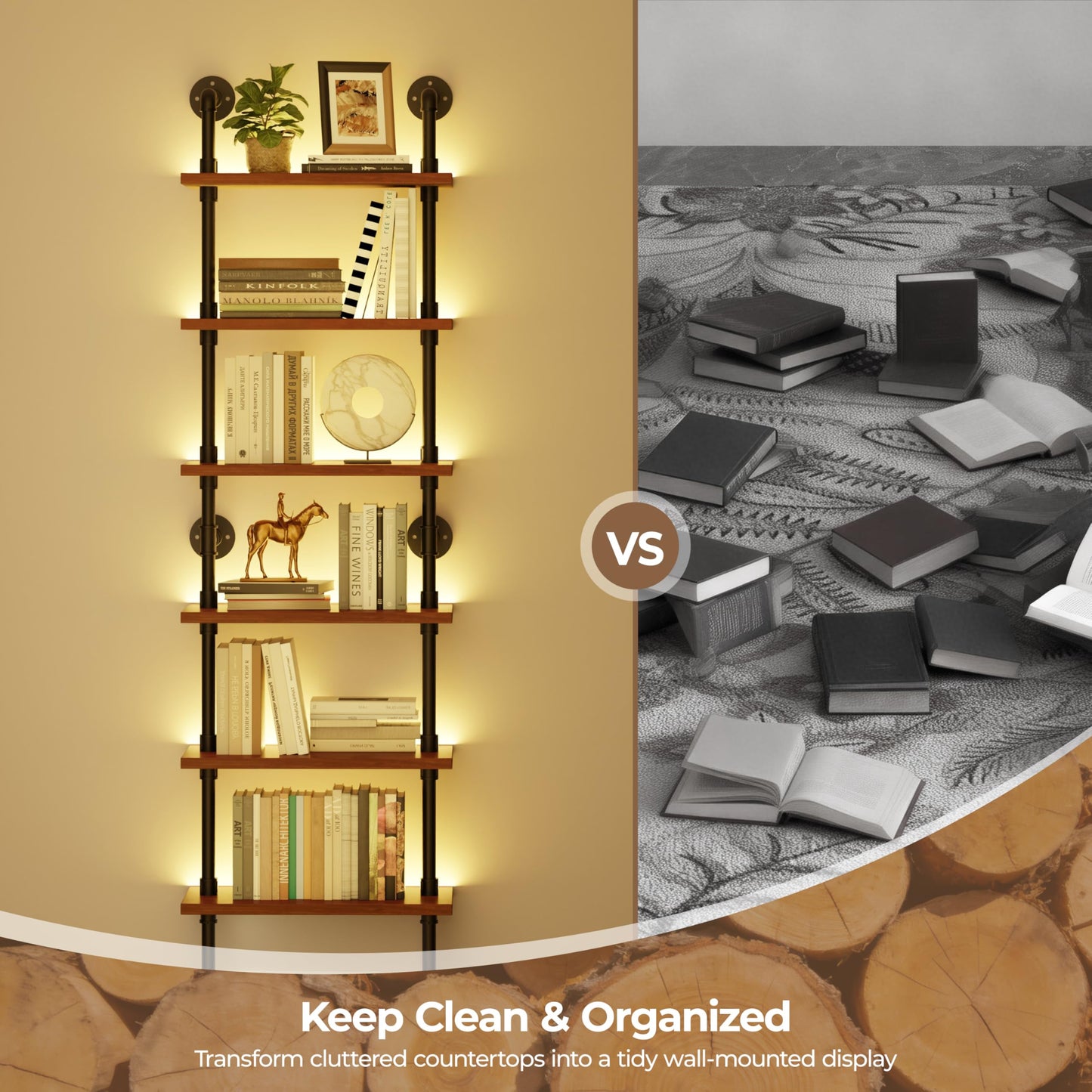 6-Tier LED Ladder Shelf, Wall Mounted Pipe Bookshelf, Walnut Brown 24 Inch